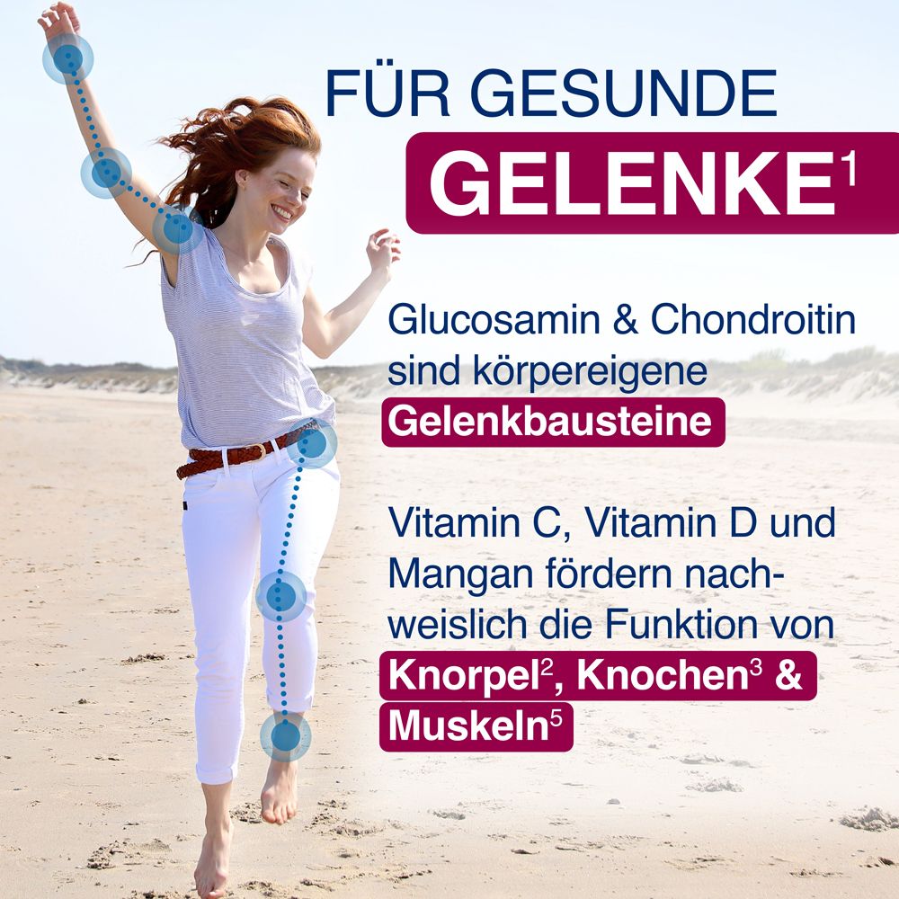 Frau rennt am Strand. Grafik zeigt Gelenke. Text über Glucosamin, Chondroitin, Vitamin C, D, Mangan.