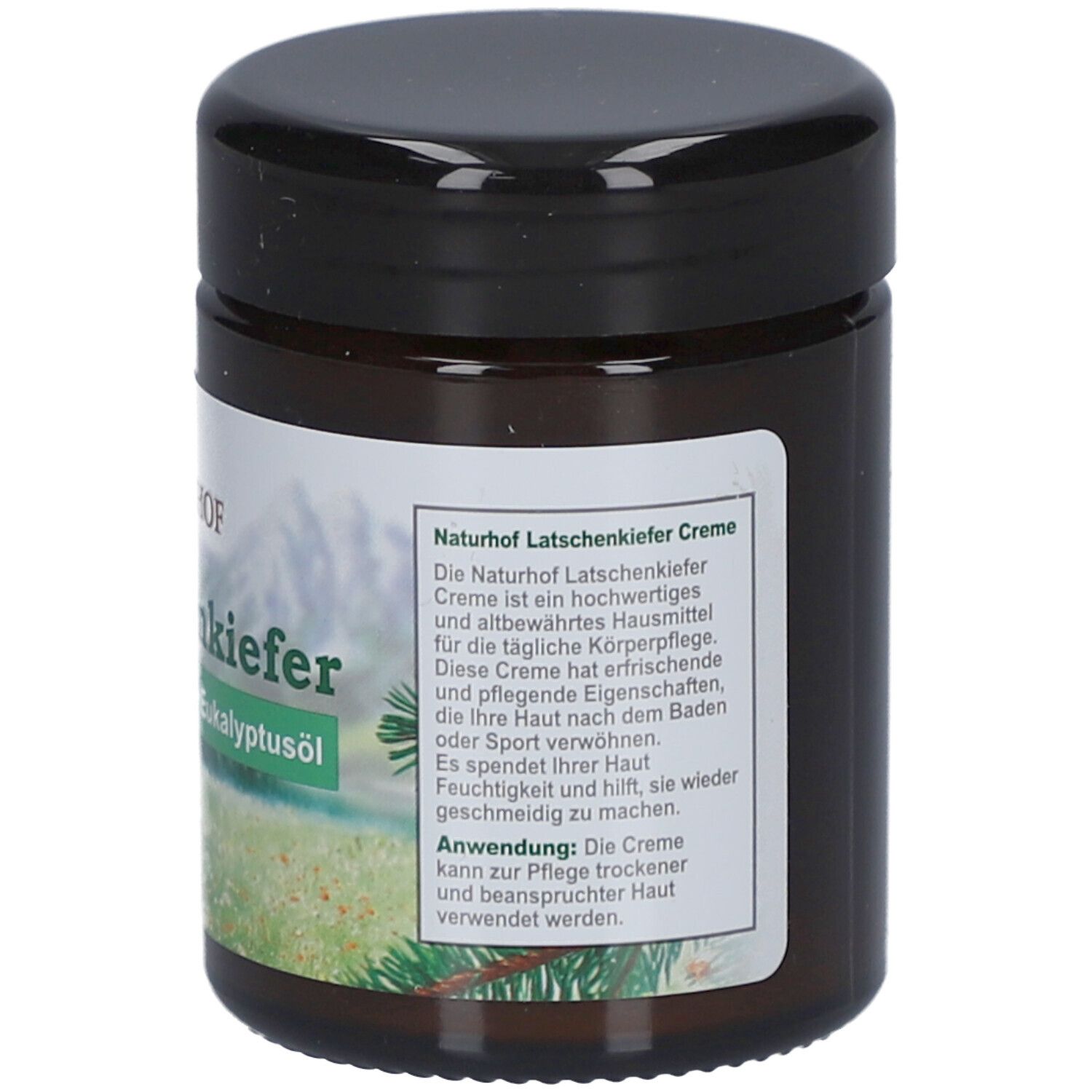 Braune Glasdose mit schwarzem Deckel. Etikett mit Produktbeschreibung. Naturhof Latschenkiefer Creme.