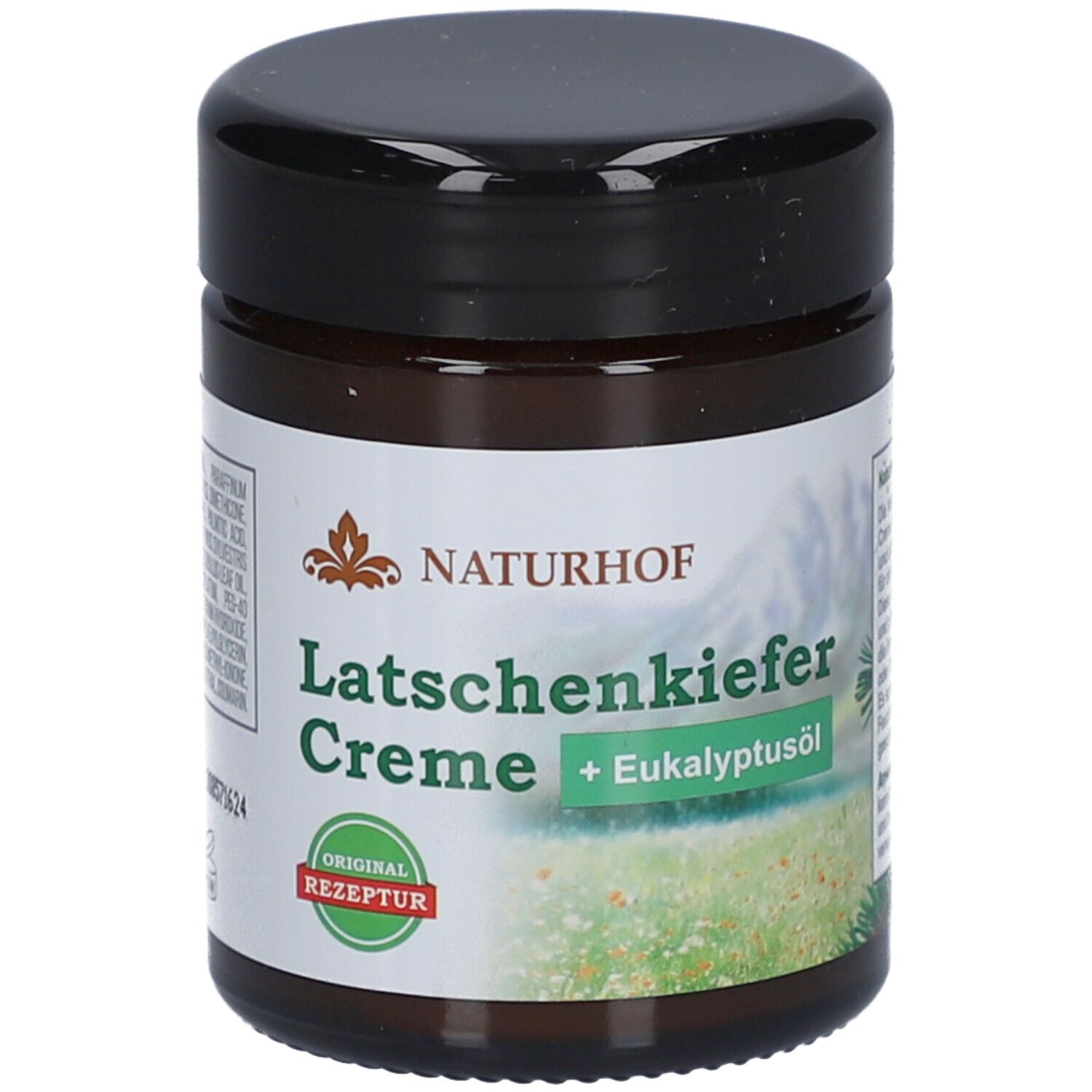 Braune Glasdose mit schwarzem Deckel. Etikett mit Produktnamen: Latschenkiefer Creme + Eukalyptusöl. Original Rezeptur.