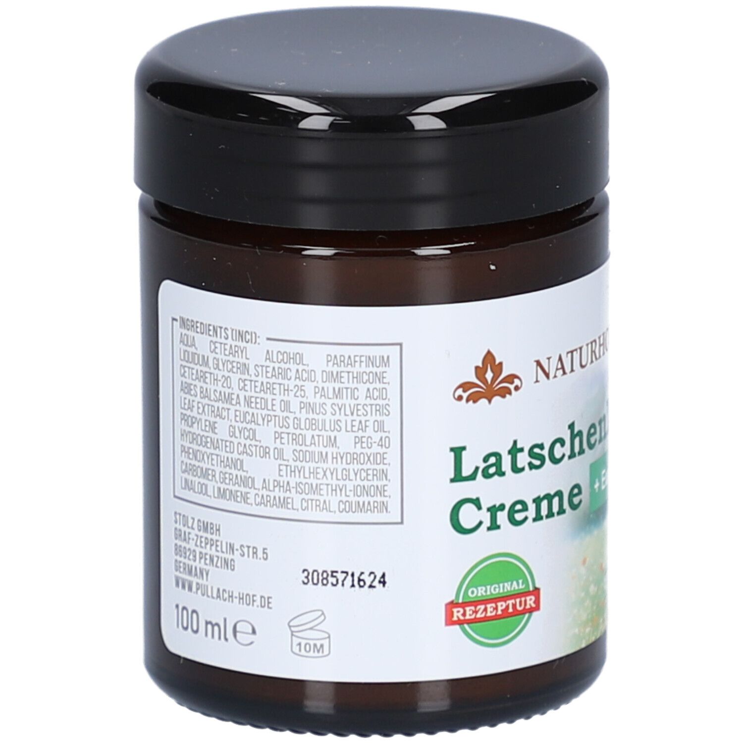 Braune Glasdose mit schwarzem Deckel. Etikett mit Inhaltsstoffen und Produktnamen. 100 ml Angabe. Original Rezeptur.