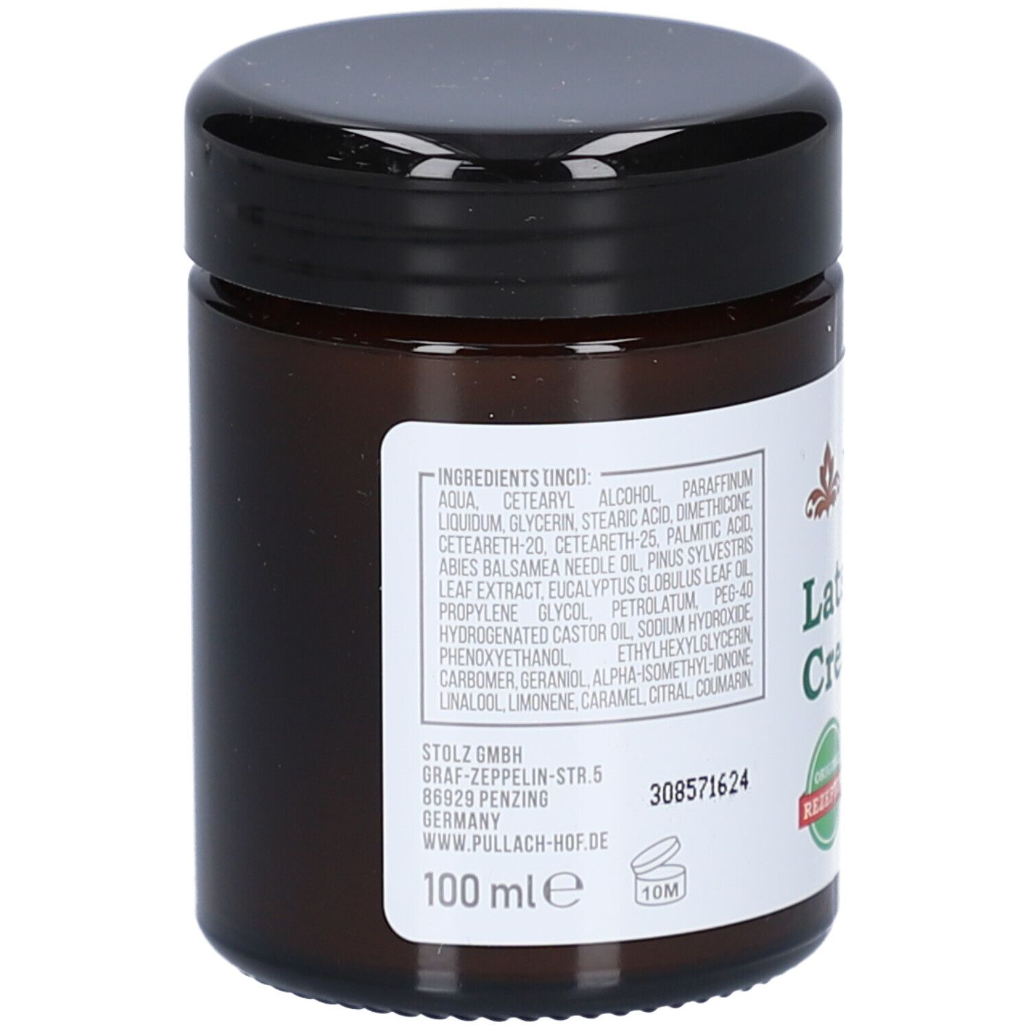 Braune Glasdose mit schwarzem Deckel. Etikett mit Inhaltsstoffen und Produktnamen. 100 ml Angabe. Original Rezeptur.