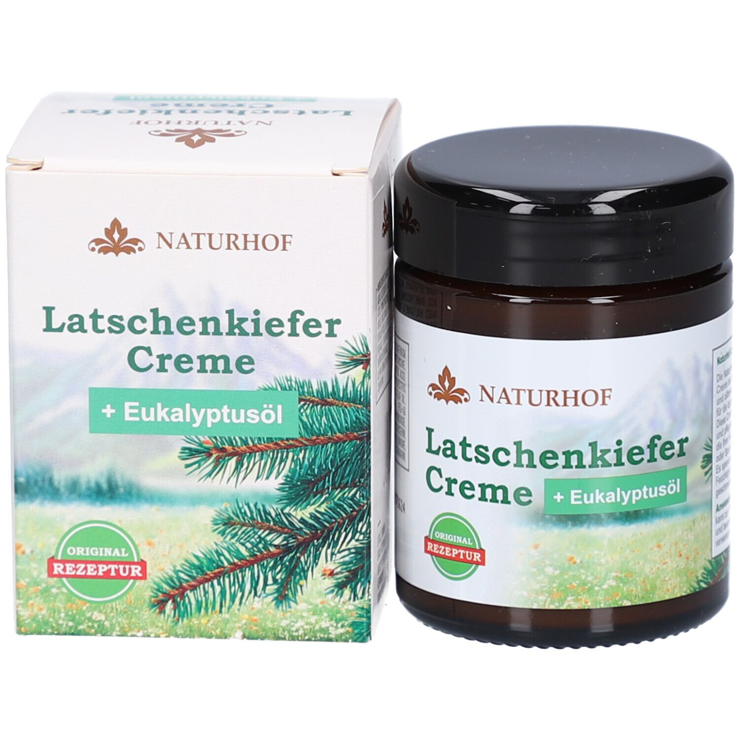 Produktverpackung: Dose und Karton. Dose: Latschenkiefer Creme + Eukalyptusöl. Karton: gleiche Aufschrift und Bild.