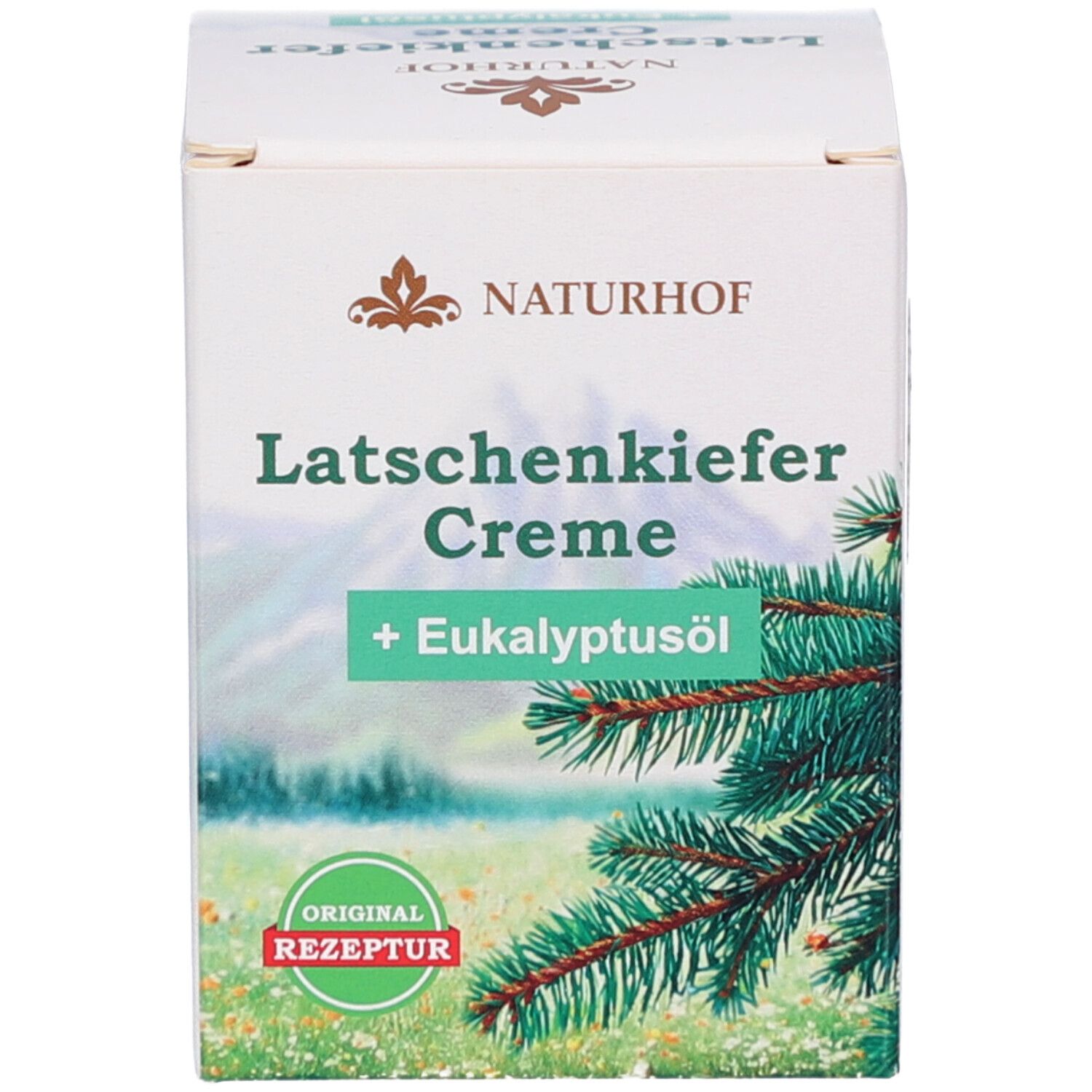 Kartonverpackung. Aufschrift: Latschenkiefer Creme + Eukalyptusöl. Bild: Kiefernzweig. Original Rezeptur.