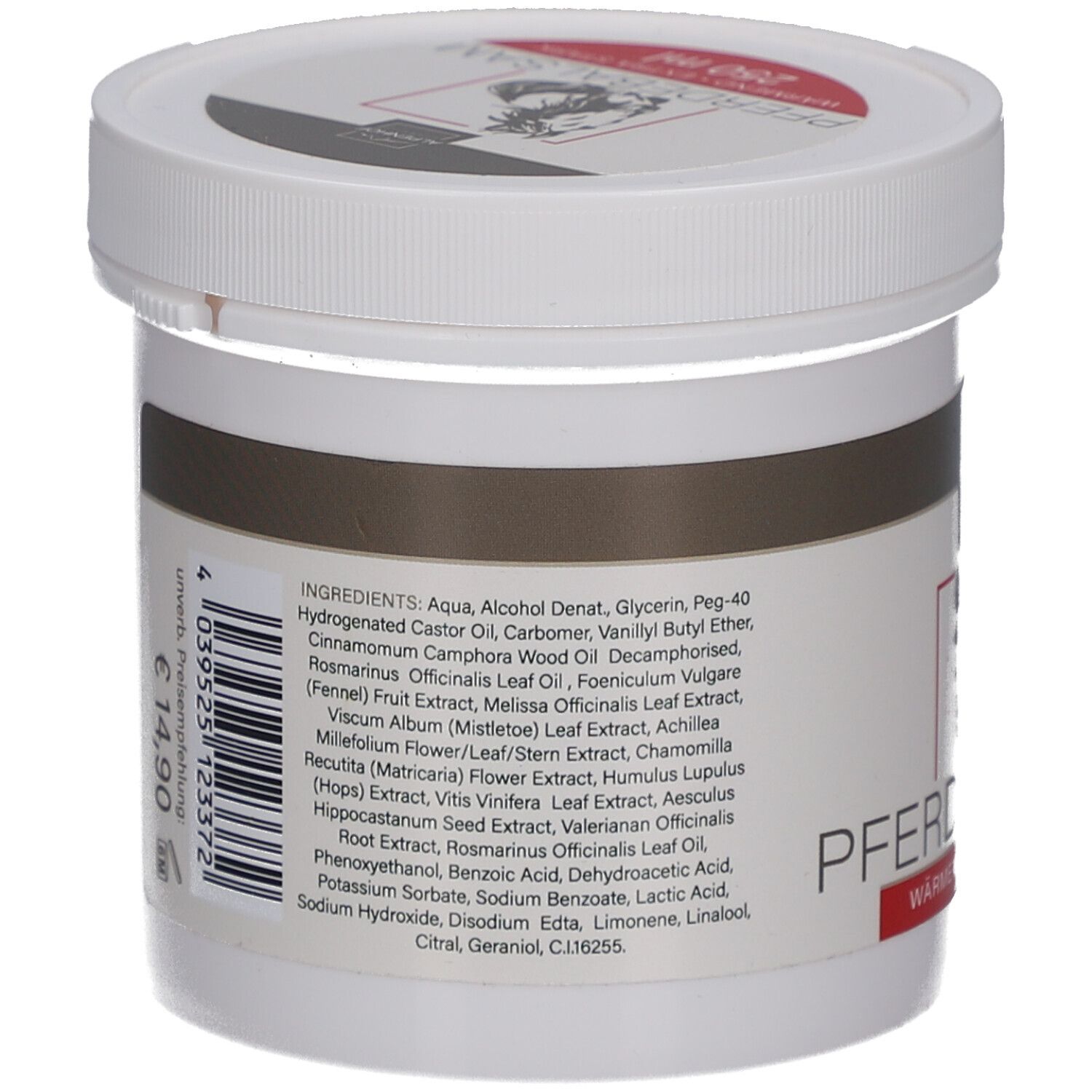 Rückseite des weißen Tiegels. Zutatenliste. Barcode und Preis. Text: PFERDEBALSAM wärmend extra stark. Marke: Alpenhof.
