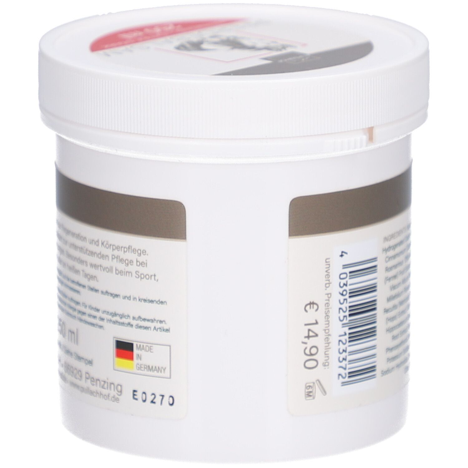 Seitenansicht des weißen Tiegels. Text: PFERDEBALSAM wärmend extra stark. Made in Germany. Preis: 14,90€.