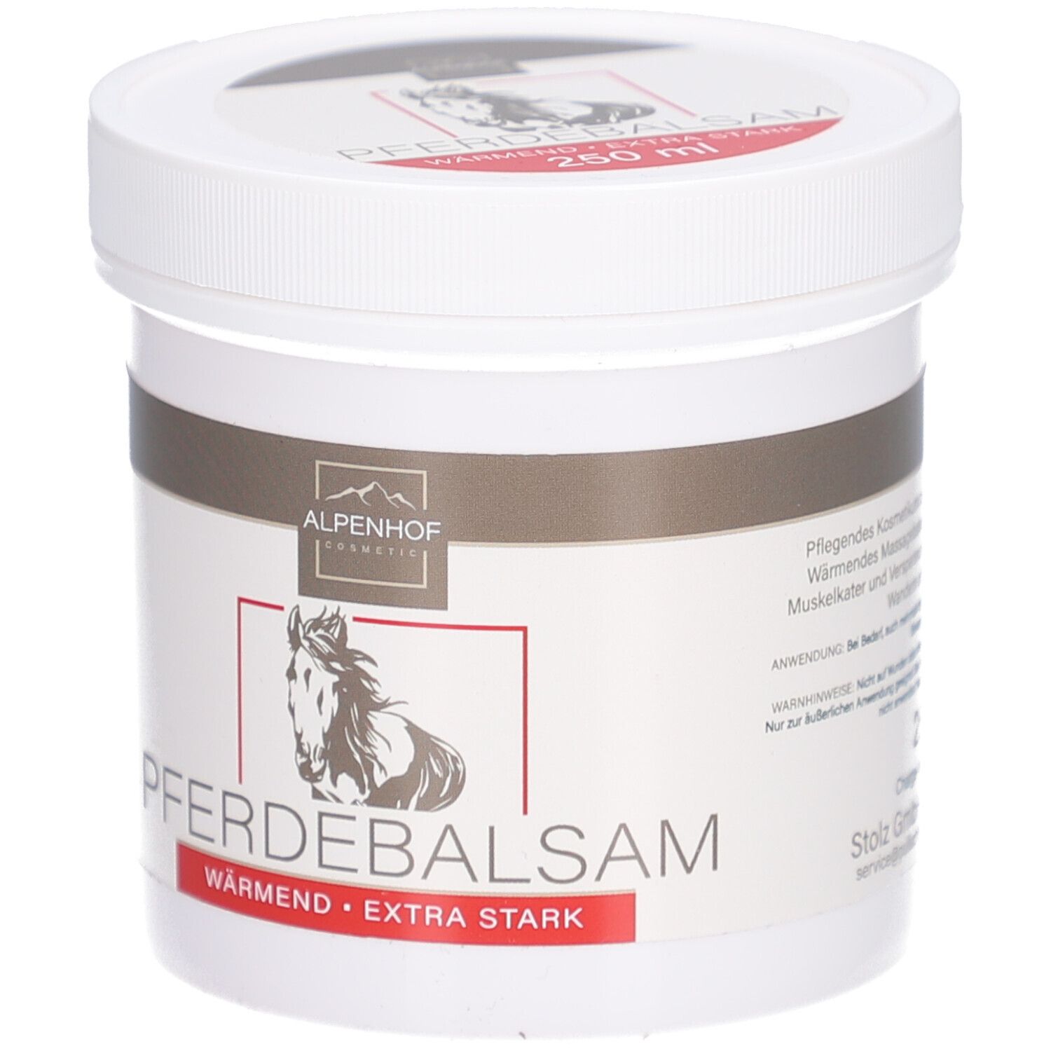 Weißer Tiegel mit braunem Band. Aufschrift: PFERDEBALSAM wärmend extra stark. Logo: Pferd. Marke: Alpenhof. Text.