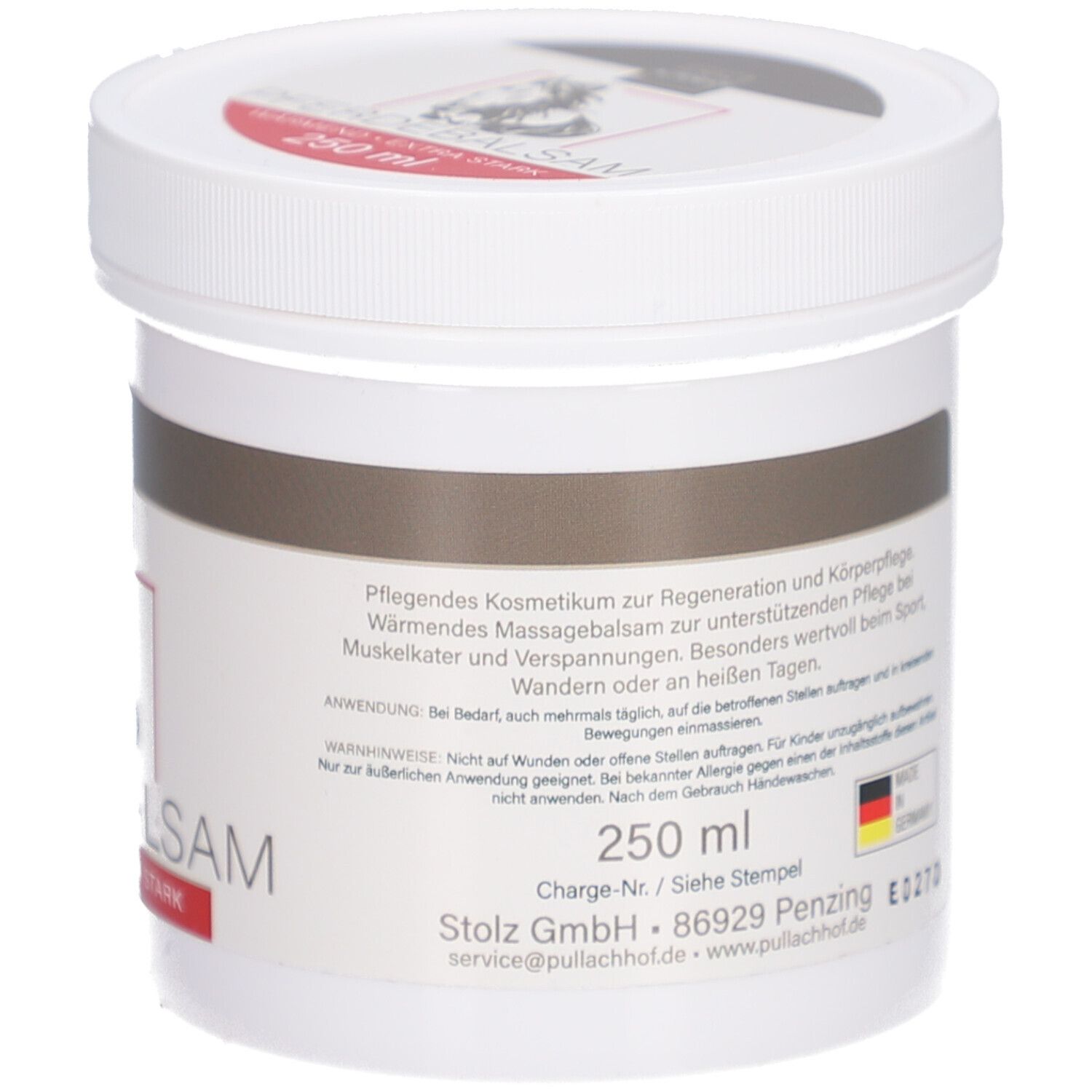 Rückseite des weißen Tiegels. Text: PFERDEBALSAM wärmend extra stark. 250 ml. Made in Germany. Marke: Alpenhof.