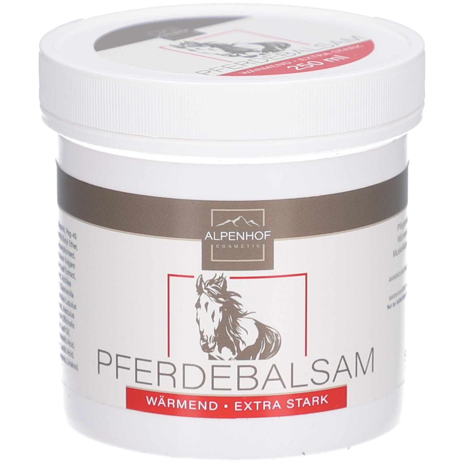 Weißer Tiegel mit braunem Band. Aufschrift: PFERDEBALSAM wärmend extra stark. Logo: Pferd. Marke: Alpenhof. 250 ml.