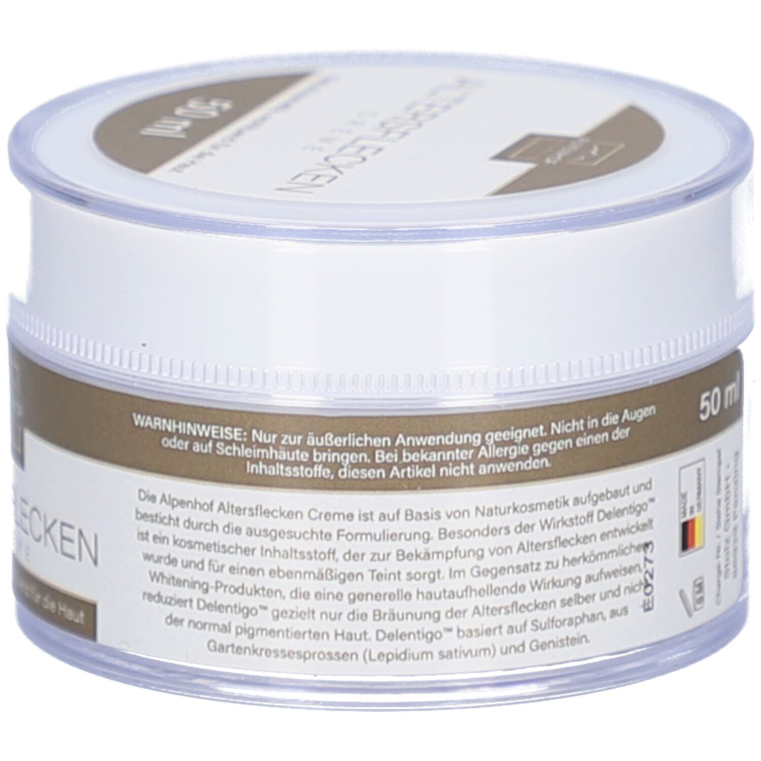 Creme-Dose mit Deckel. Aufschrift: ALTERSFLECKEN. Warnhinweise. 50 ml. Hergestellt in Deutschland.