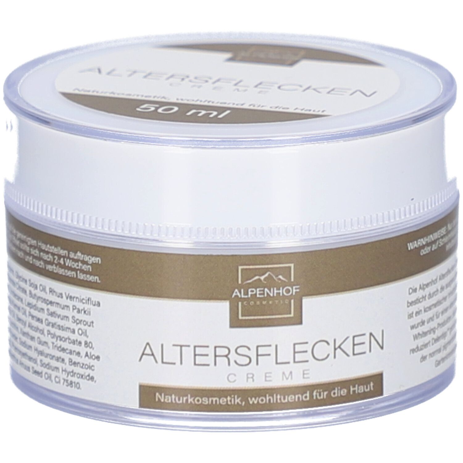 Creme-Dose mit Deckel. Aufschrift: ALTERSFLECKEN Creme. 50 ml. Alpenhof Cosmetic Logo.