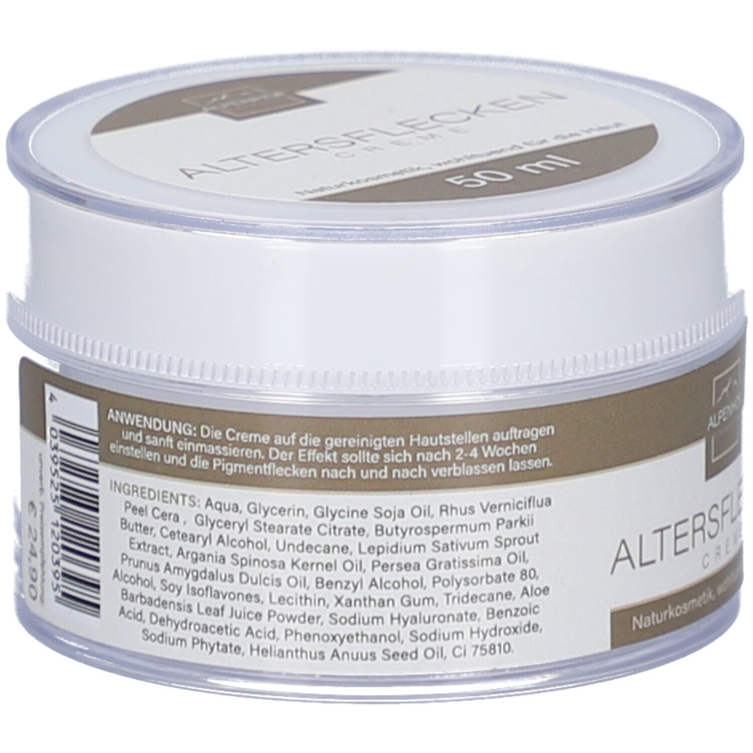 Creme-Dose mit Deckel. Aufschrift: ALTERSFLECKEN. Zutatenliste und Anwendungshinweise. 50 ml.
