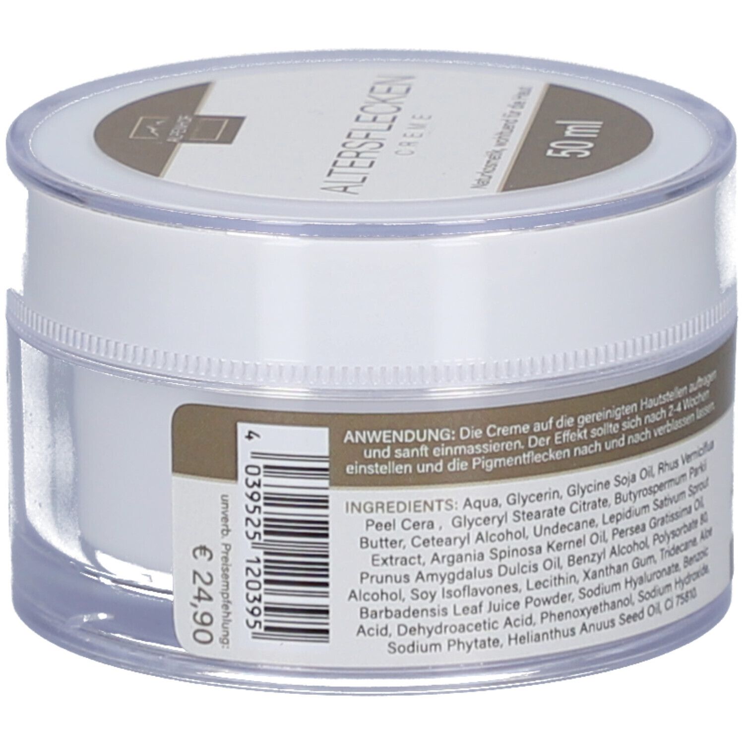 Creme-Dose mit Deckel. Aufschrift: ALTERSFLECKEN. Anwendungshinweise. 50 ml. Preisetikett.