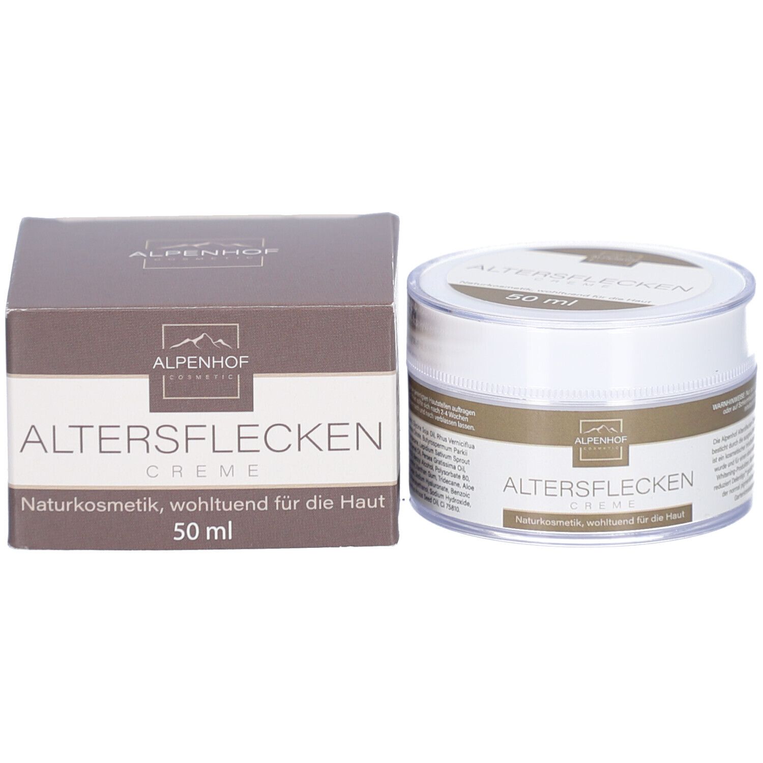 Creme-Dose und Karton. Aufschrift: ALTERSFLECKEN Creme. 50 ml. Alpenhof Cosmetic Logo.