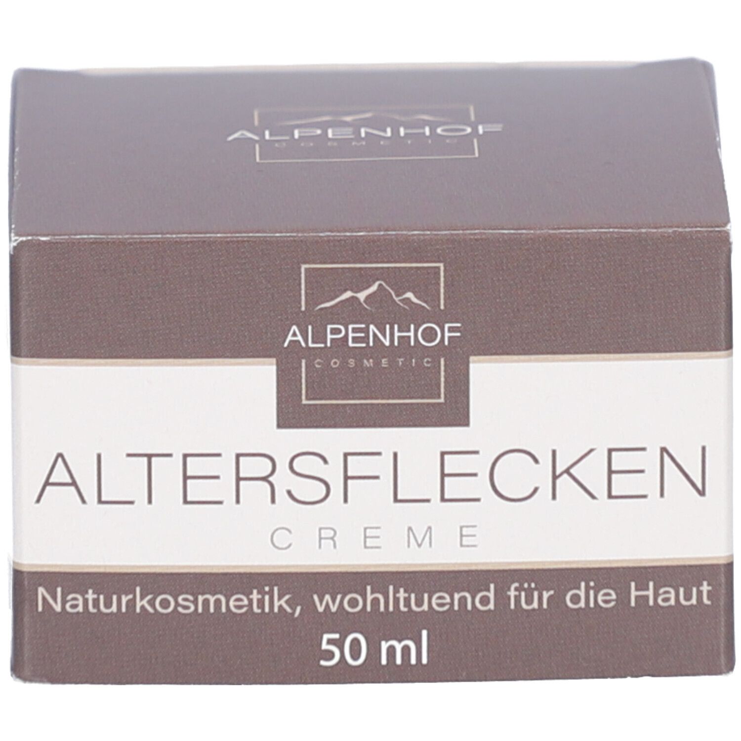 Karton. Aufschrift: ALTERSFLECKEN Creme. 50 ml. Alpenhof Cosmetic Logo. Naturkosmetik.