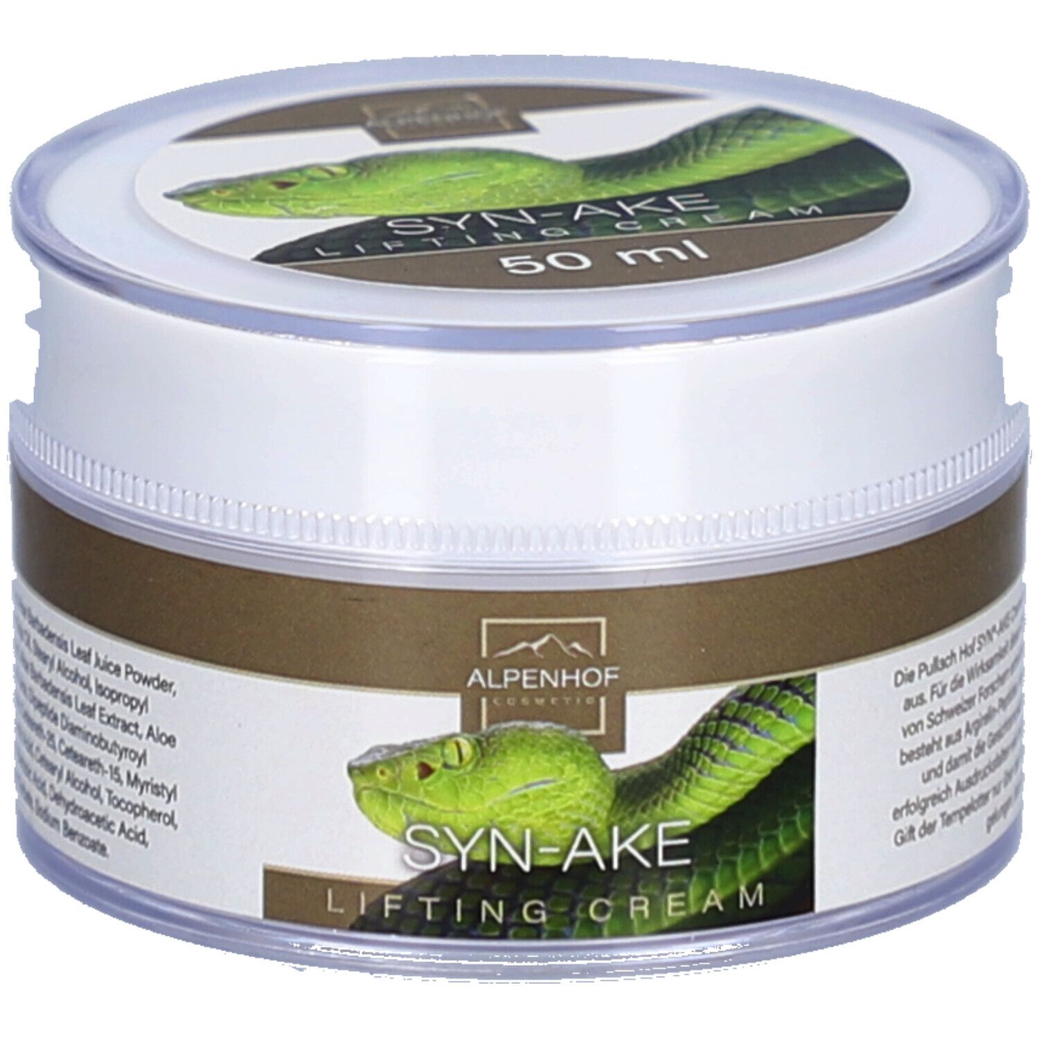 Runde Dose Alpenhof Syn-Ake Lifting Creme. Weißer Behälter mit braunem Deckel. Aufschrift "SYN-AKE LIFTING CREAM" und "50 ml".