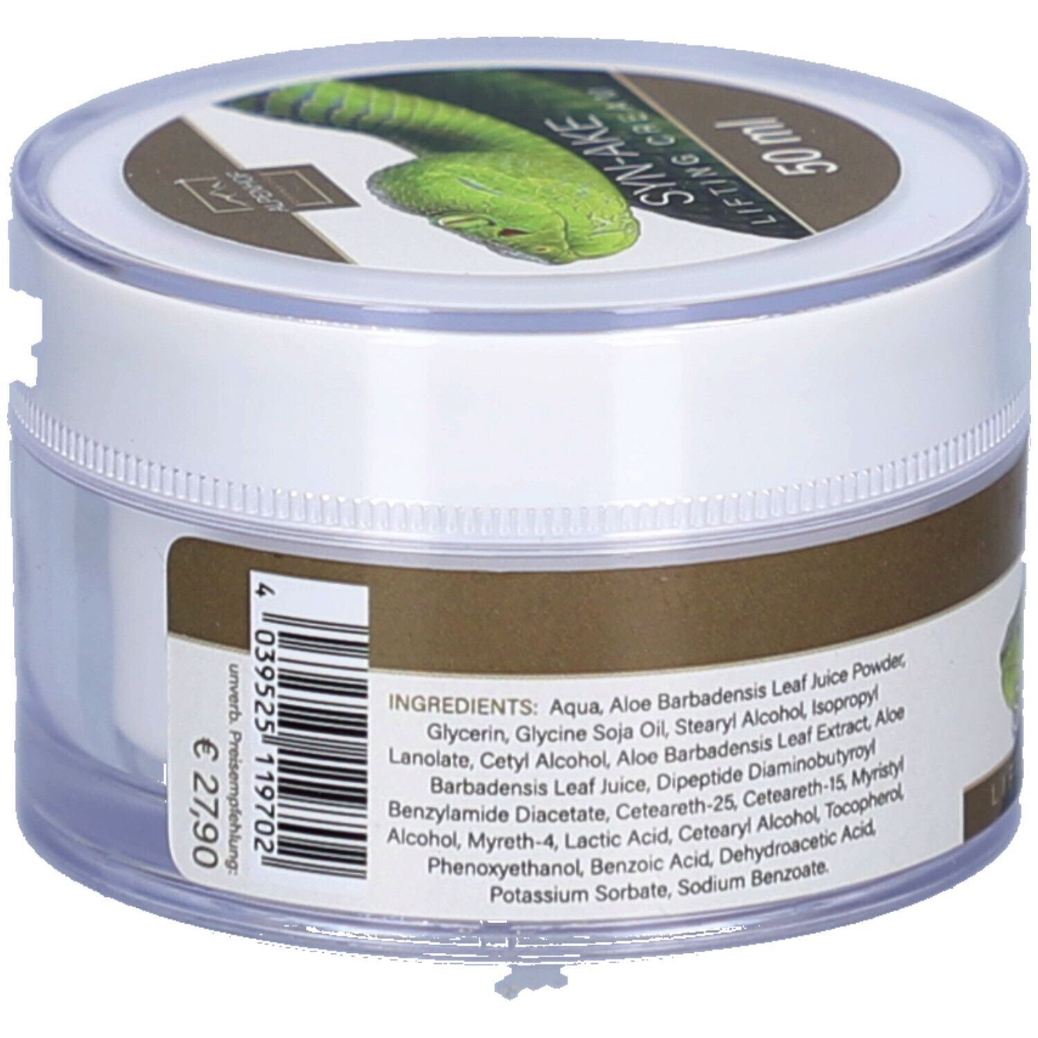 Runde Dose Alpenhof Syn-Ake Lifting Creme. Rückseite mit Inhaltsstoffen. Aufschrift "SYN-AKE LIFTING CREAM" und "50 ml".