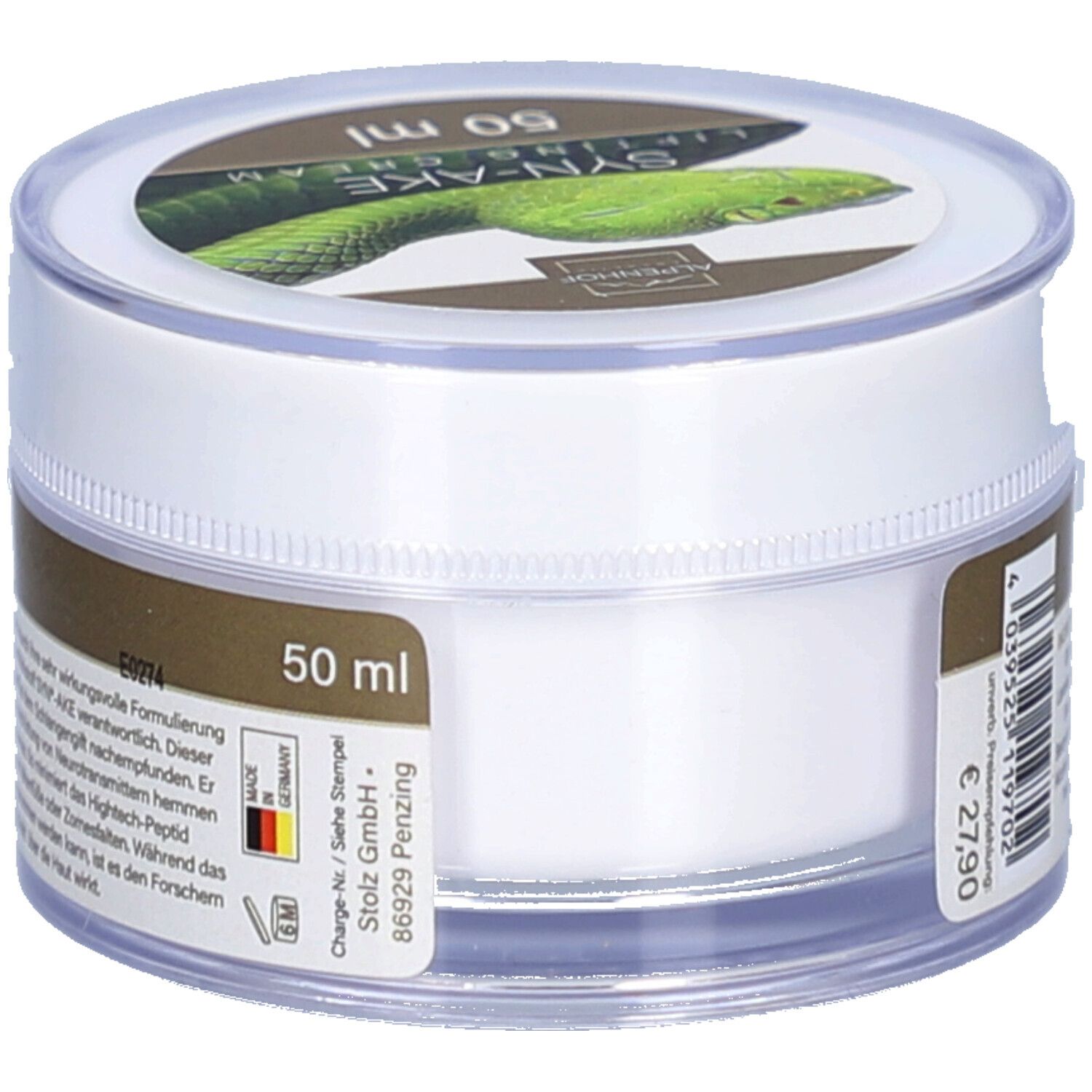 Runde Dose Alpenhof Syn-Ake Lifting Creme. Aufschrift "SYN-AKE LIFTING CREAM" und "50 ml". Etikett mit Text und Stempel.