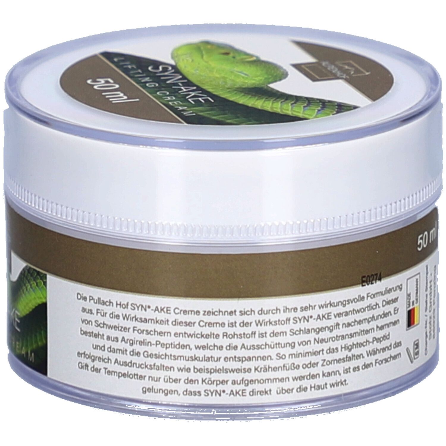 Runde Dose Alpenhof Syn-Ake Lifting Creme. Aufschrift "SYN-AKE LIFTING CREAM" und "50 ml". Text auf dem Etikett.