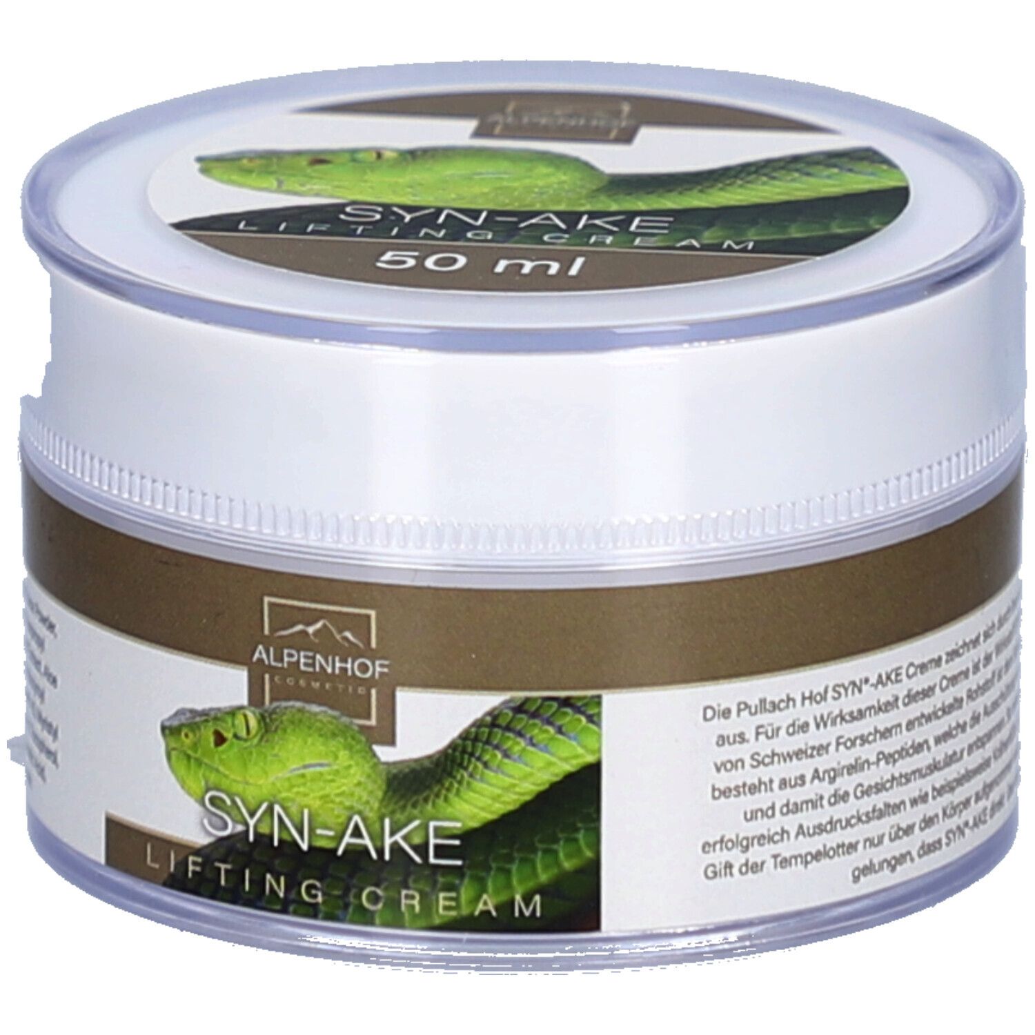 Runde Dose Alpenhof Syn-Ake Lifting Creme. Aufschrift "SYN-AKE LIFTING CREAM" und "50 ml". Logo Alpenhof Cosmetics.