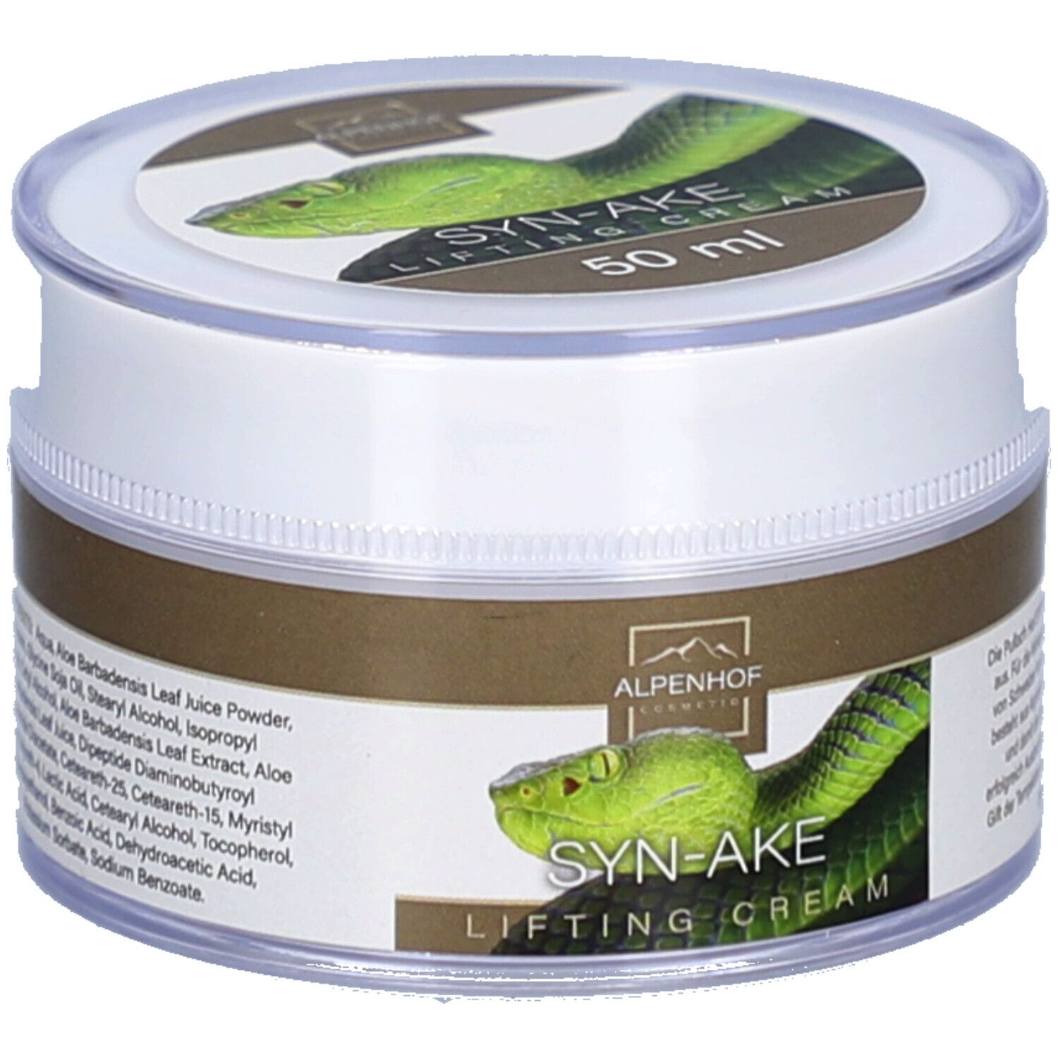 Runde Dose Alpenhof Syn-Ake Lifting Creme. Aufschrift "SYN-AKE LIFTING CREAM" und "50 ml". Logo Alpenhof Cosmetics.