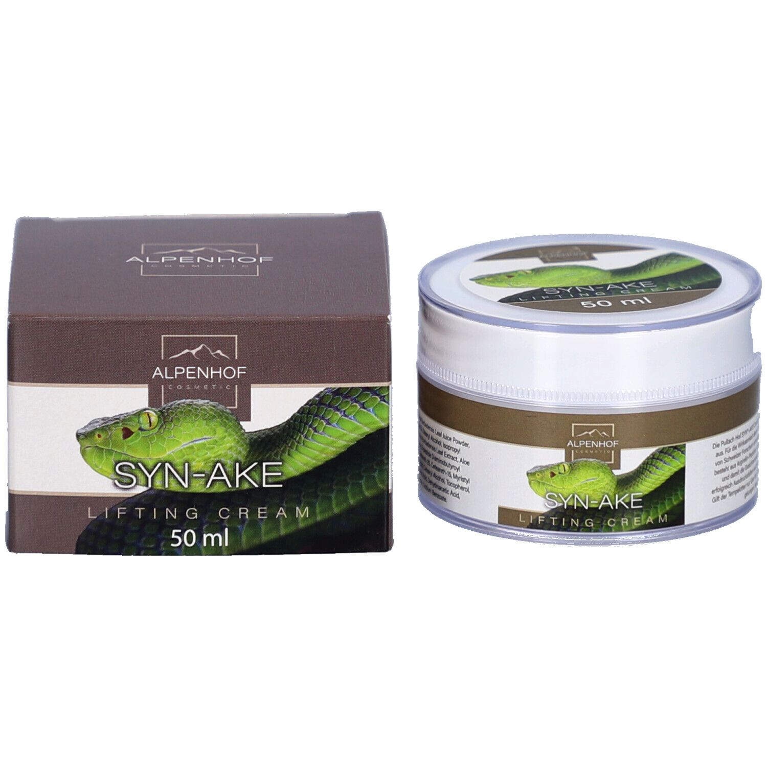 Alpenhof Syn-Ake Lifting Creme und Verpackung. Aufschrift "SYN-AKE LIFTING CREAM" und "50 ml".