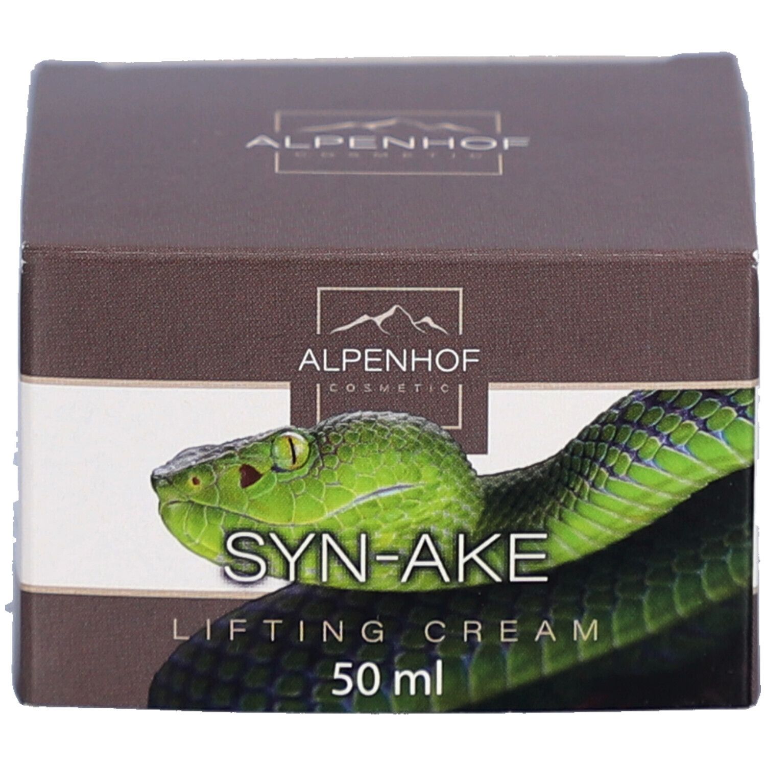 Verpackung Alpenhof Syn-Ake Lifting Creme. Aufschrift "SYN-AKE LIFTING CREAM" und "50 ml". Logo Alpenhof Cosmetics.