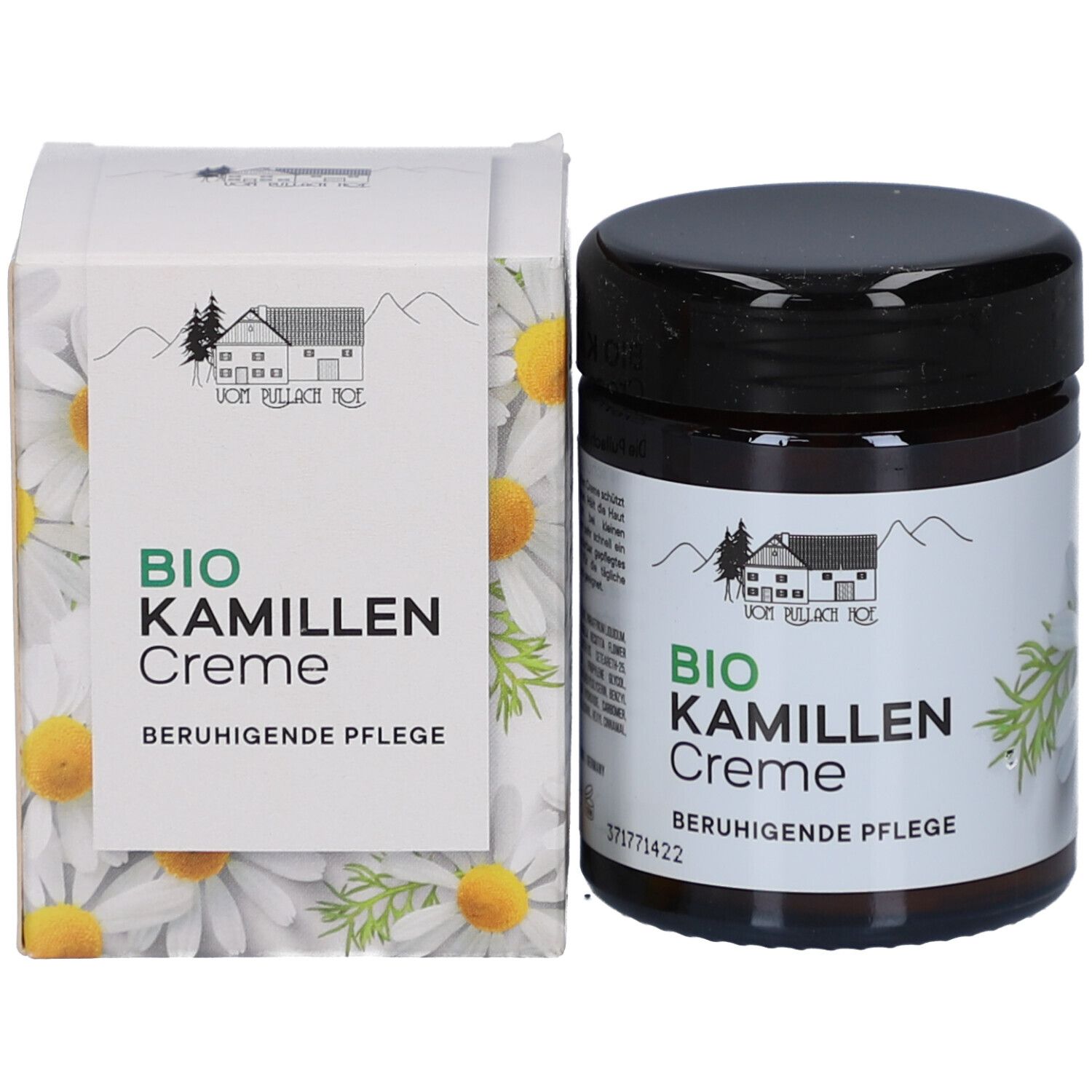 Glasdose und Verpackung. Dose mit schwarzem Deckel. Verpackung mit Kamillenblüten-Design. Aufschrift: BIO Kamillen Creme.