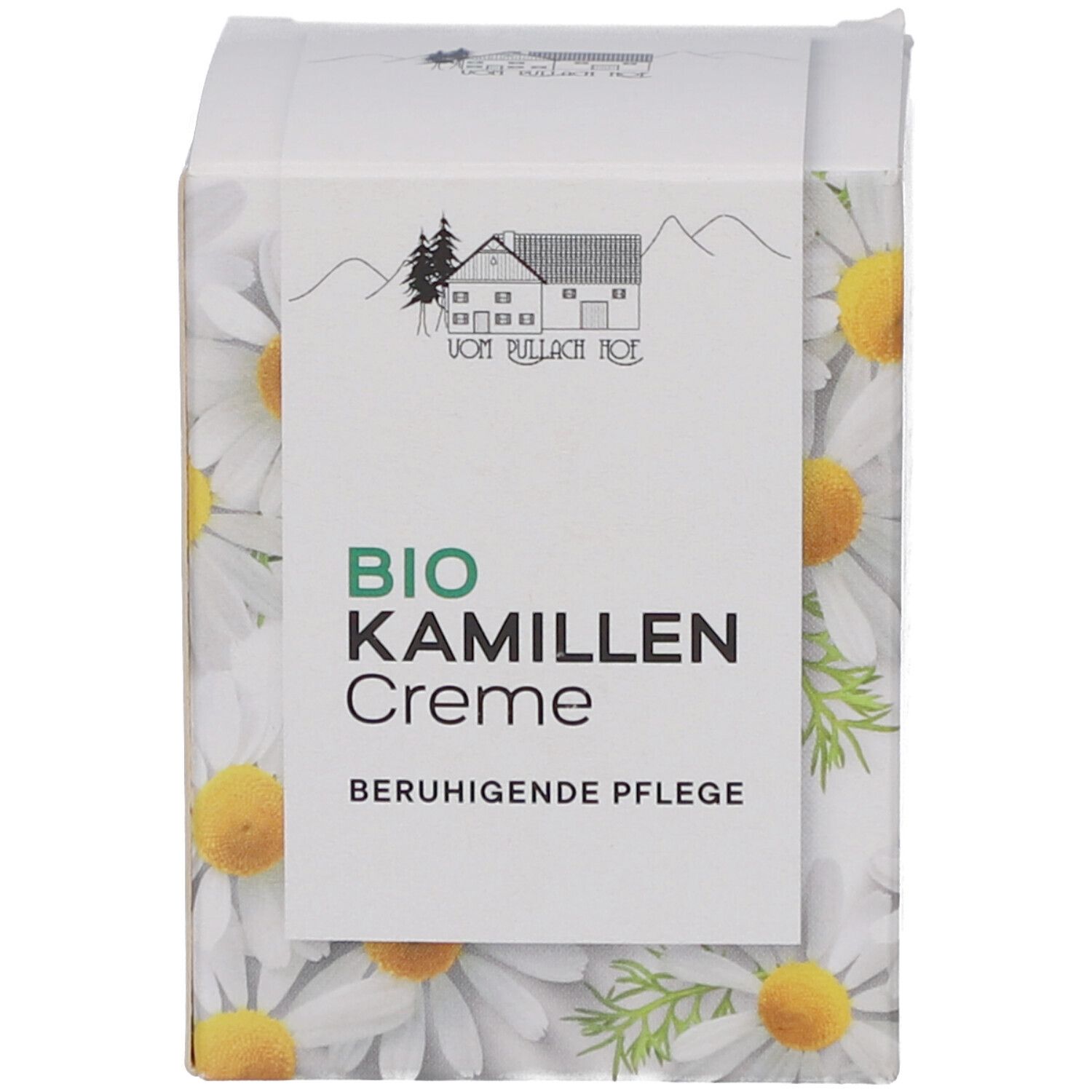 Verpackung mit Kamillenblüten-Design. Aufschrift: BIO Kamillen Creme. Beruhigende Pflege.