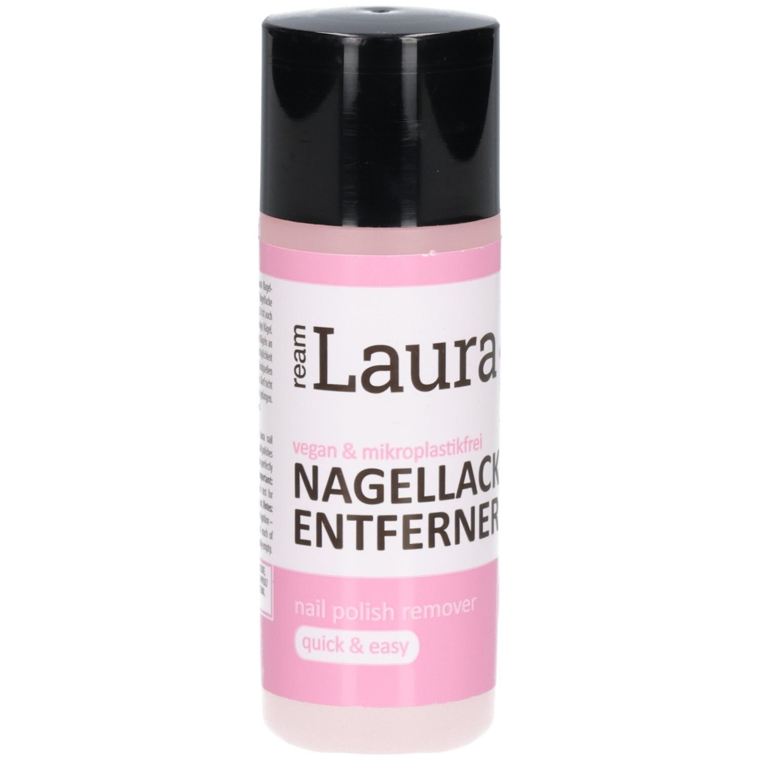 Rosa Flasche mit schwarzem Deckel. Aufschrift: Ream Laura Nagellackentferner ohne Aceton. Vegan & mikrokunststofffrei.