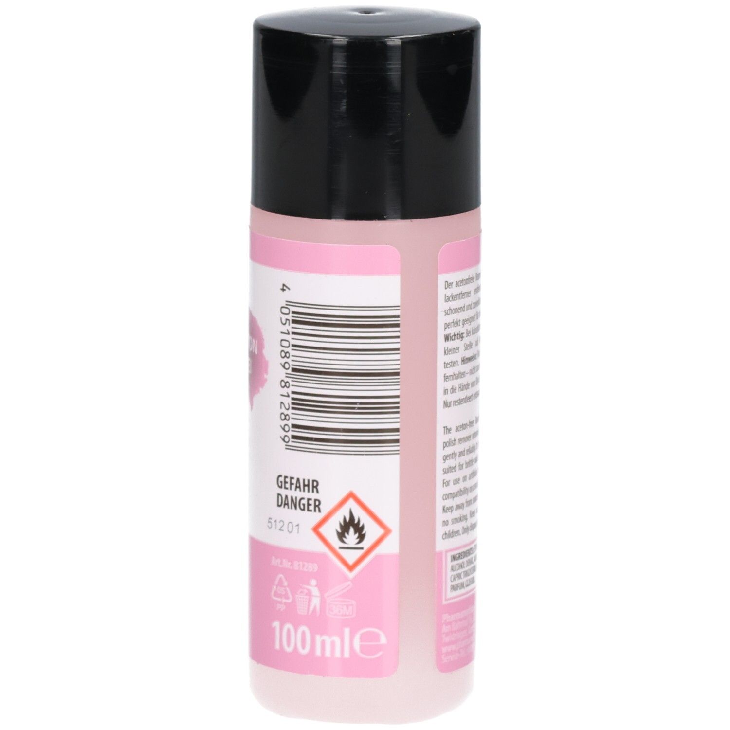 Rosa Flasche mit schwarzem Deckel. Rückseite mit Warnhinweisen und Barcode. Ream Laura Nagellackentferner ohne Aceton.