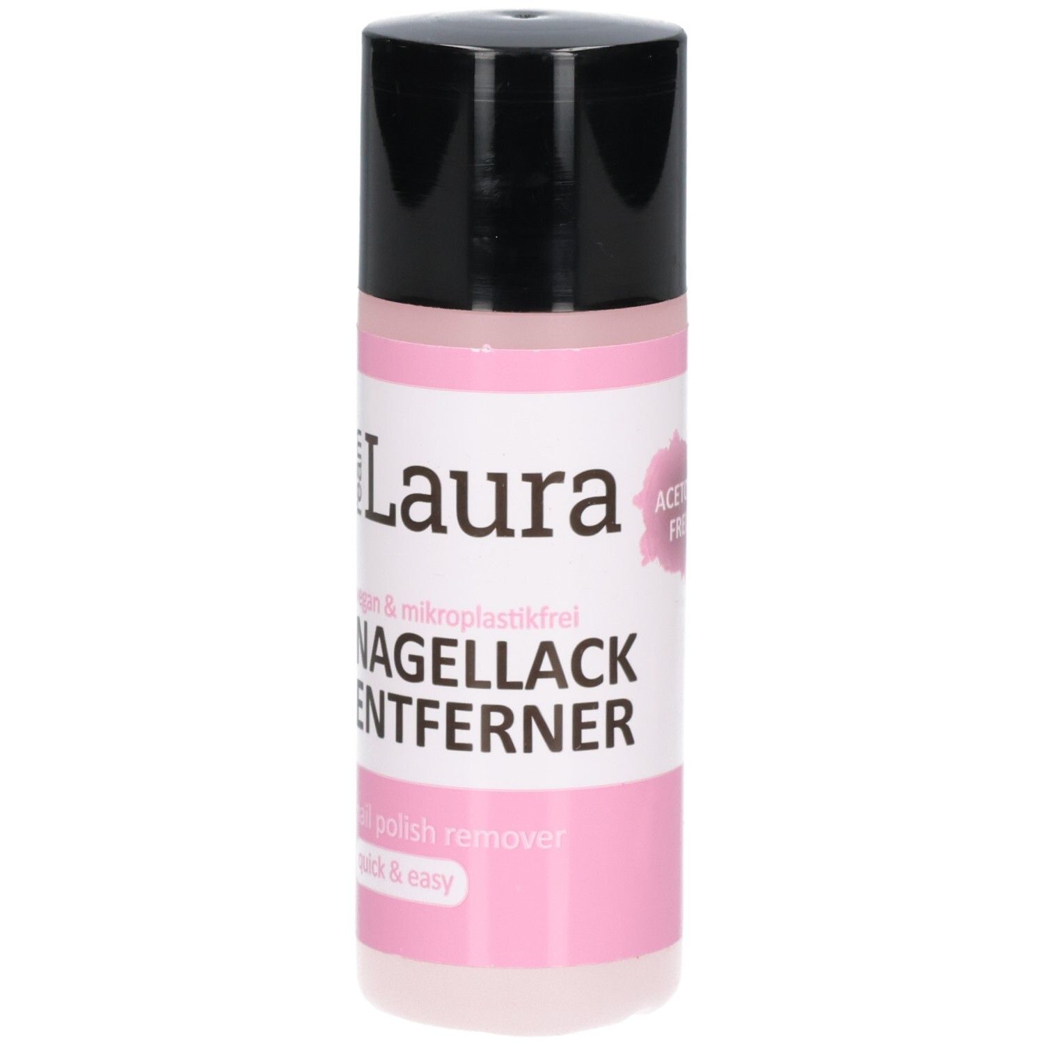 Rosa Flasche mit schwarzem Deckel. Aufschrift: Ream Laura Nagellackentferner ohne Aceton. Vegan & mikrokunststofffrei. Ohne Aceton.