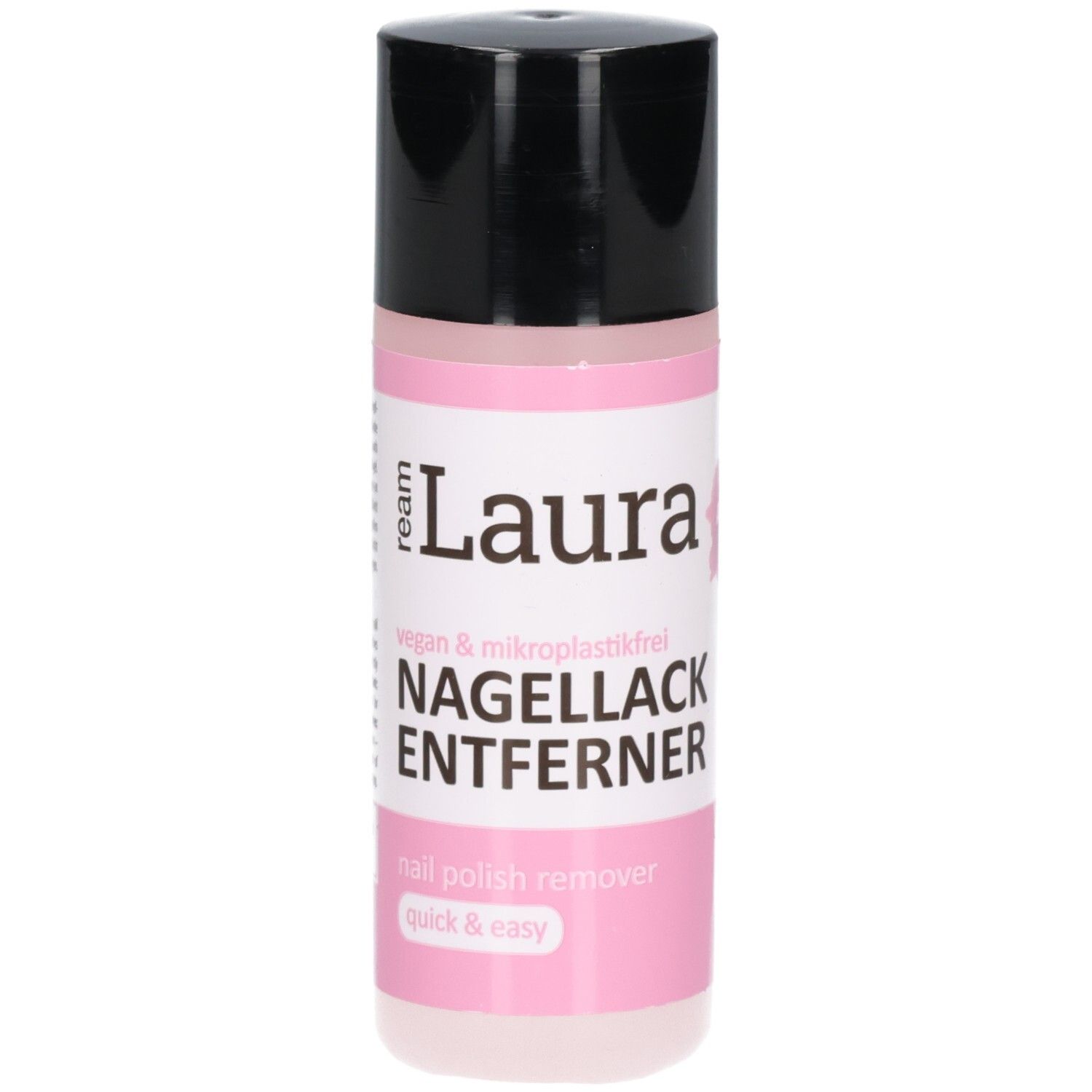 Rosa Flasche mit schwarzem Deckel. Aufschrift: Ream Laura Nagellackentferner ohne Aceton. Vegan & mikrokunststofffrei.