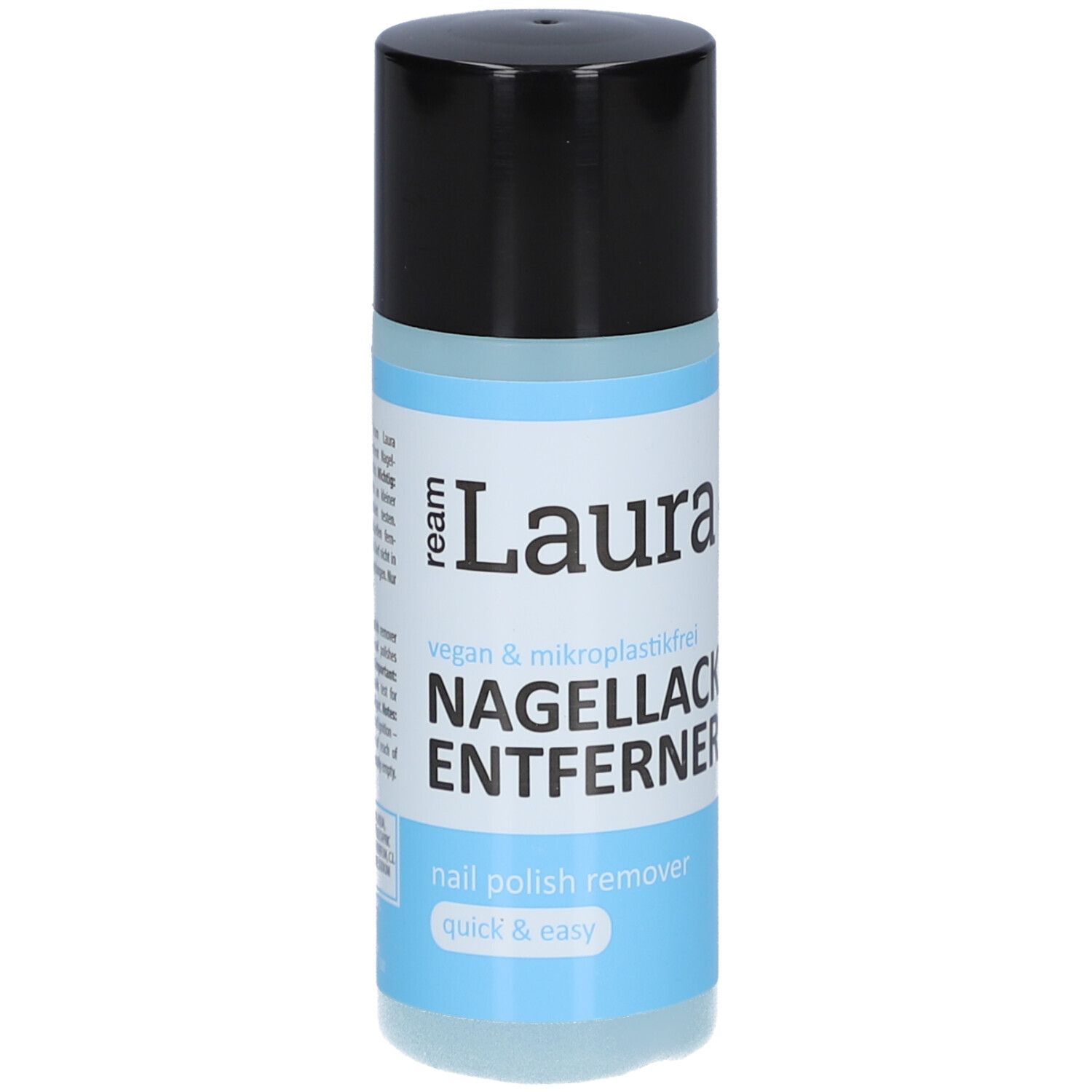 Zylindrische Flasche mit schwarzem Deckel. Aufschrift: ream Laura Nagellackentferner. Vegan & mikroplastikfrei.