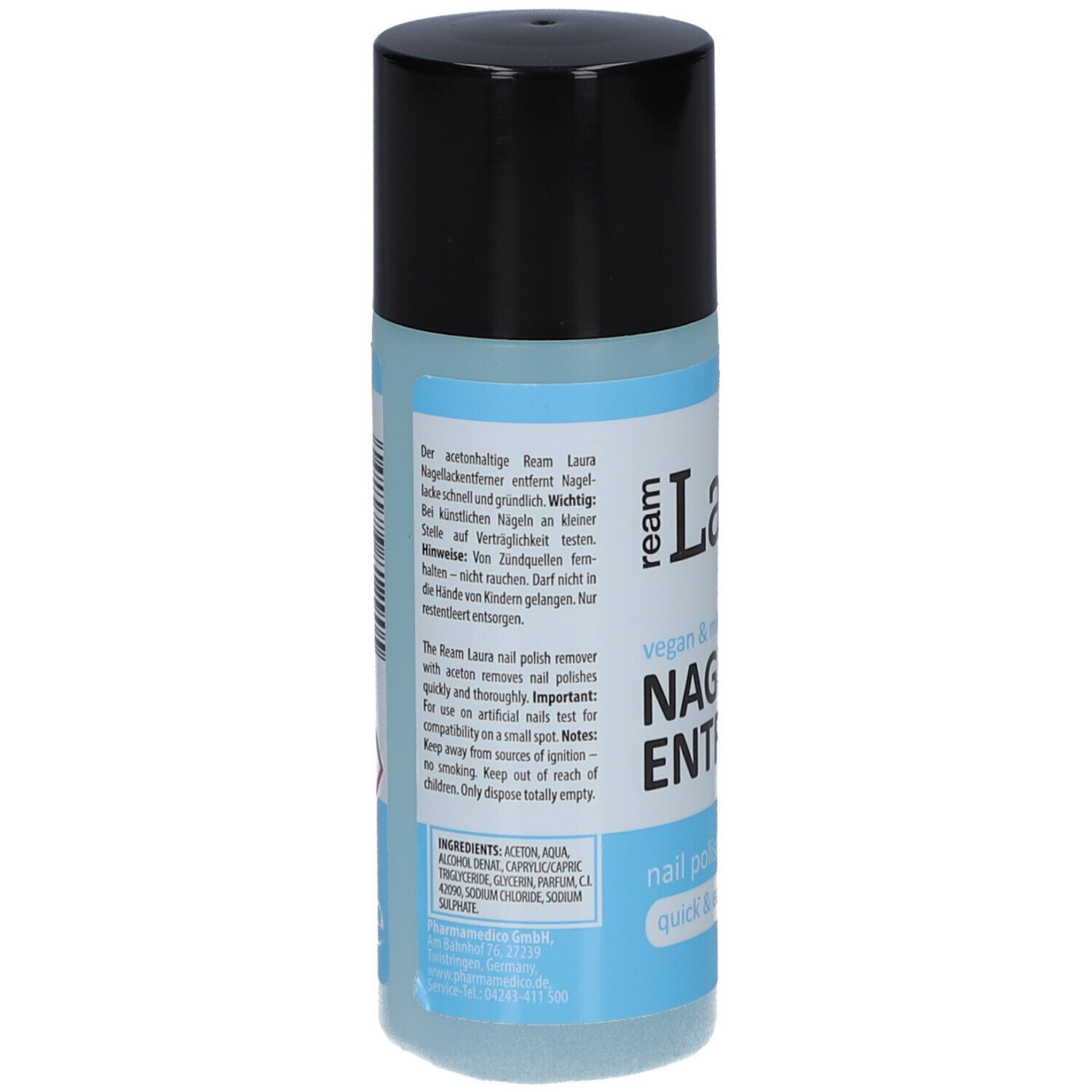 Rückseite der Flasche. Text: ream Laura Nagellackentferner. Inhaltsstoffe, Warnhinweise und Gebrauchsanweisung.