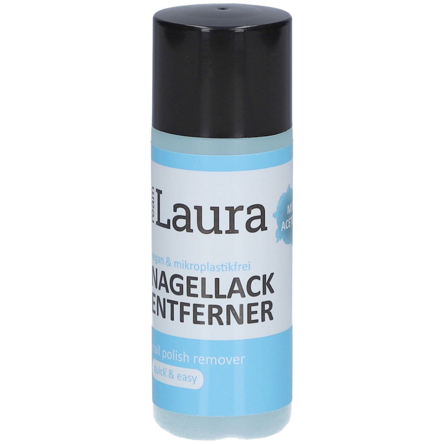 Zylindrische Flasche mit schwarzem Deckel. Aufschrift: ream Laura Nagellackentferner. Mit Aceton.