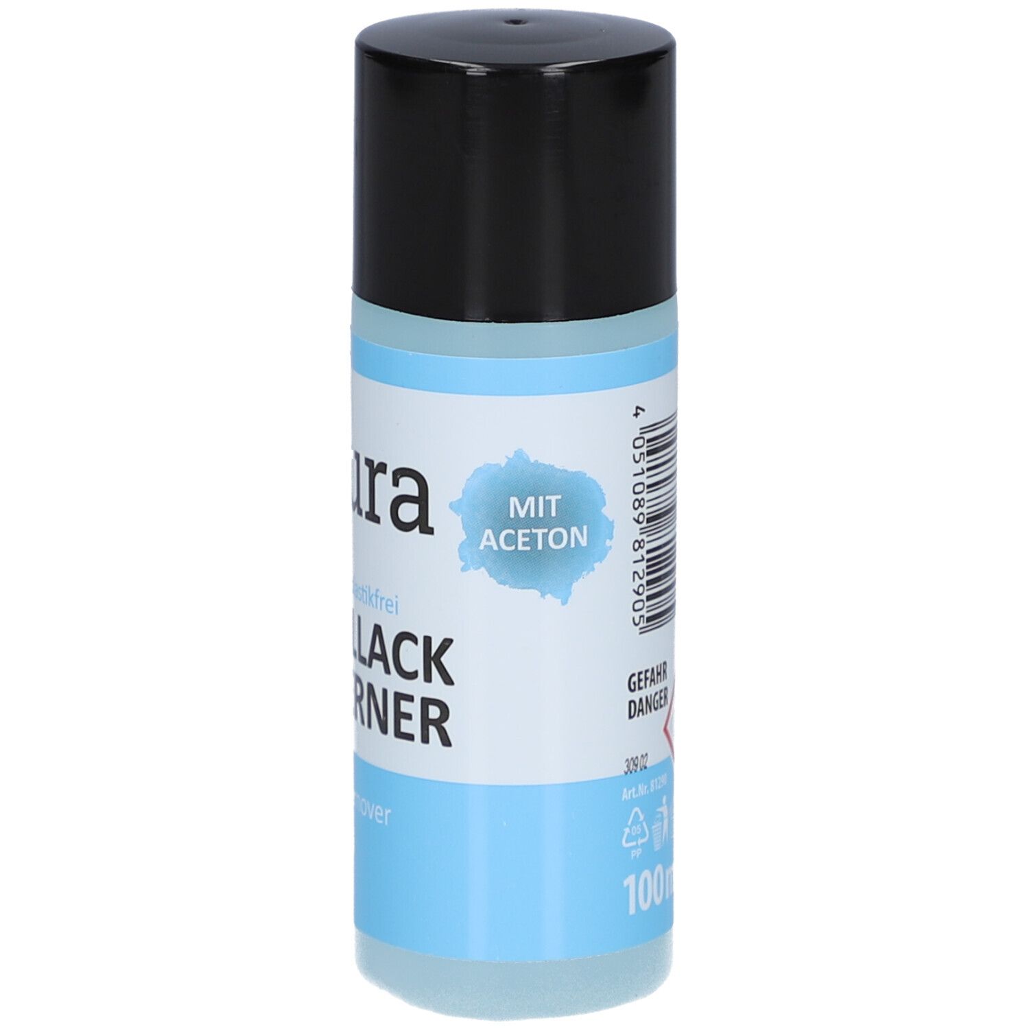 Rückseite der Flasche. Barcode, Gefahrensymbol, Volumenangabe: 100 ml. Text: ream Laura Nagellackentferner. Mit Aceton.