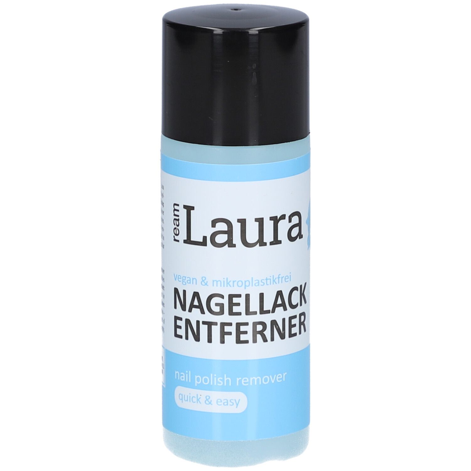 Zylindrische Flasche mit schwarzem Deckel. Aufschrift: ream Laura Nagellackentferner. Vegan & mikroplastikfrei.