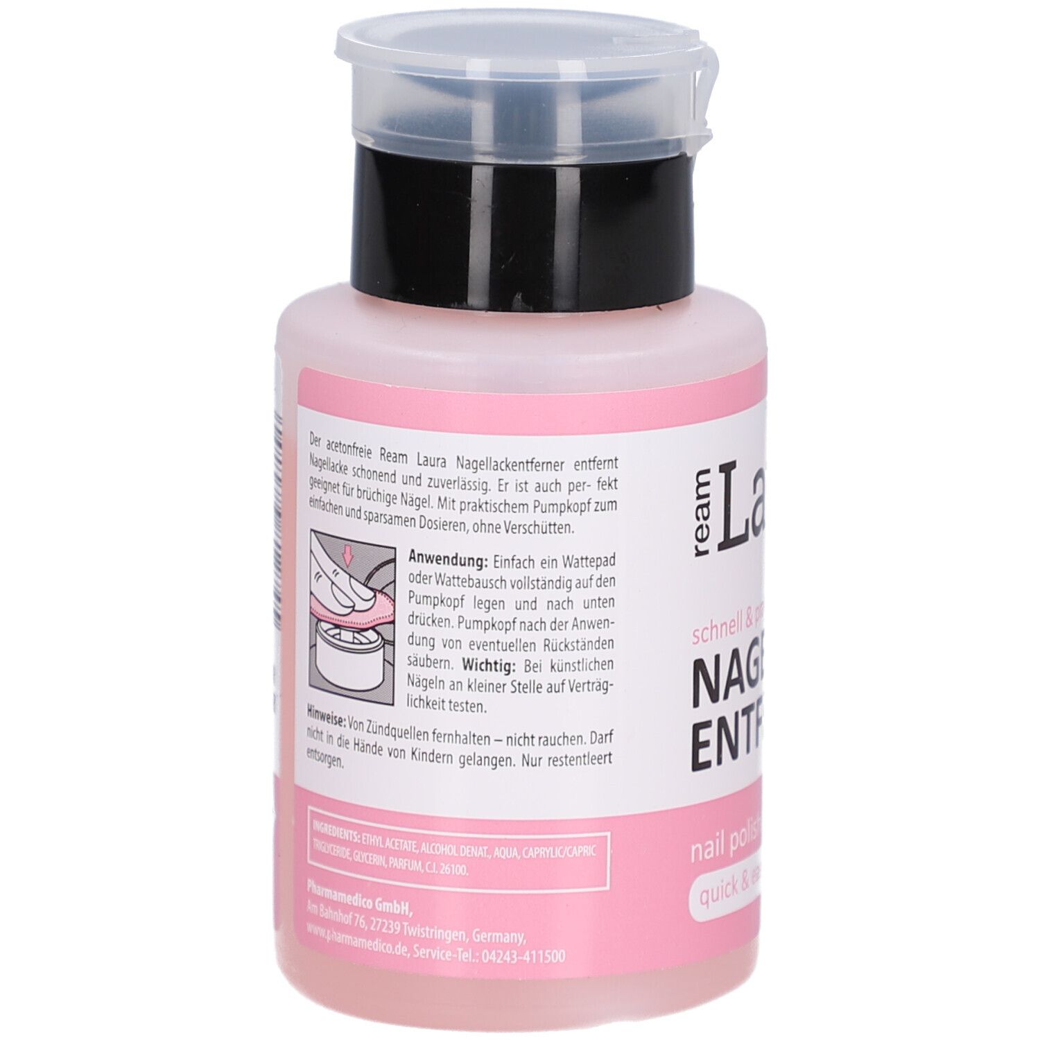 Rosa Flasche mit schwarzem Deckel. Text auf Deutsch. Illustration der Anwendung. Produktname: ream Laura Nagellackentferner.