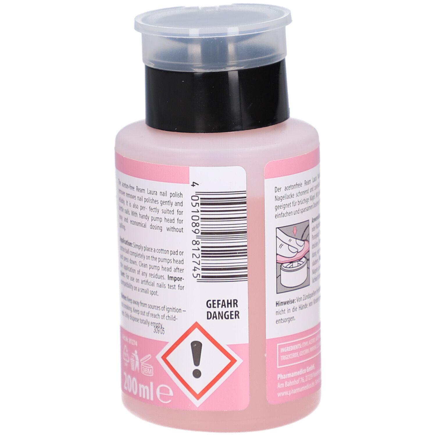 Rosa Flasche mit schwarzem Deckel. Warnhinweis. Text in Deutsch. Volumen: 200 ml. Produktname: ream Laura Nagellackentferner.