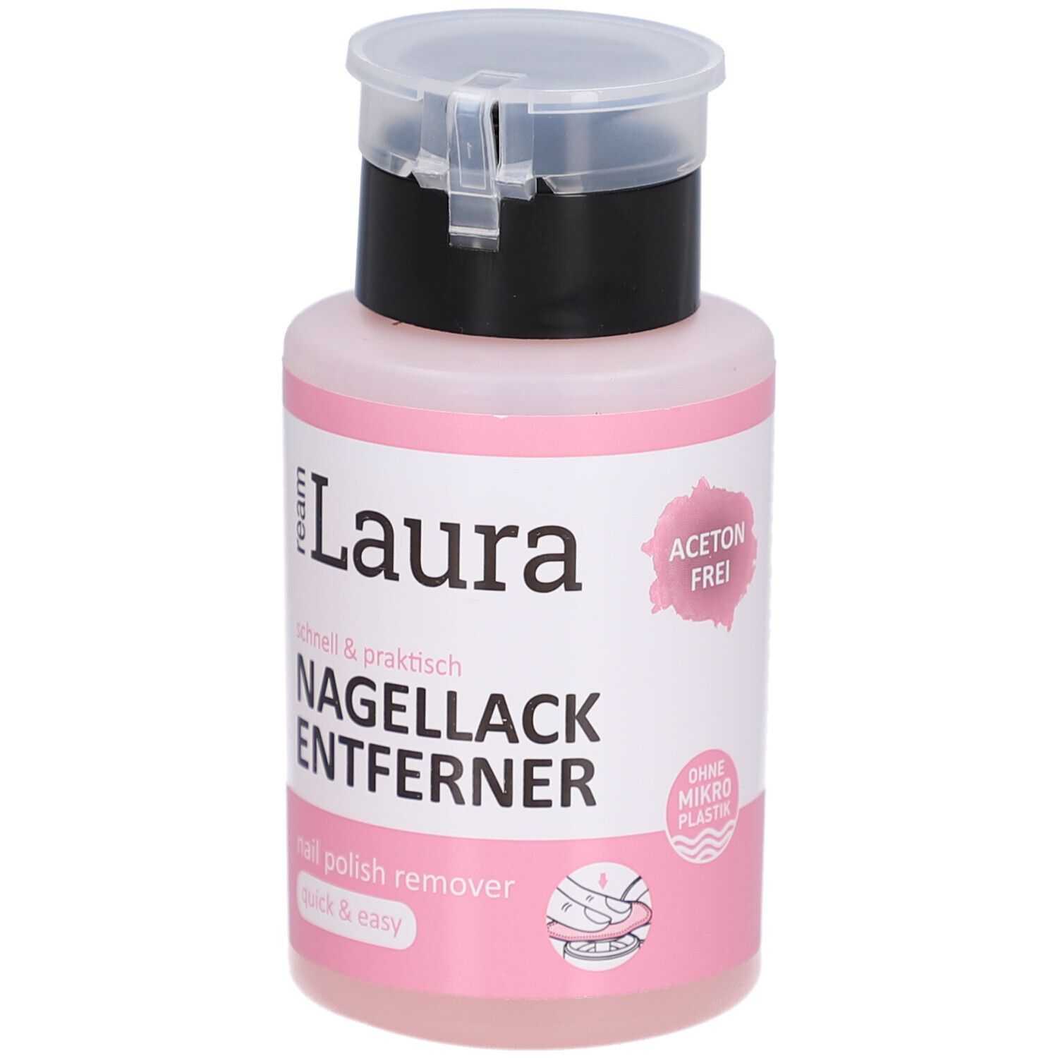 Rosa Flasche mit schwarzem Deckel. Aufschrift: ream Laura Nagellackentferner. Acetonfrei. Ohne Mikroplastik. Nail polish remover.