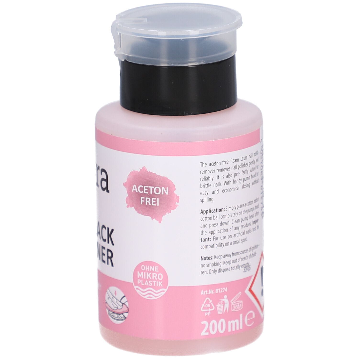 Rosa Flasche mit schwarzem Deckel. Text in Englisch. Acetonfrei. Ohne Mikroplastik. Volumen: 200 ml. Warnhinweis.