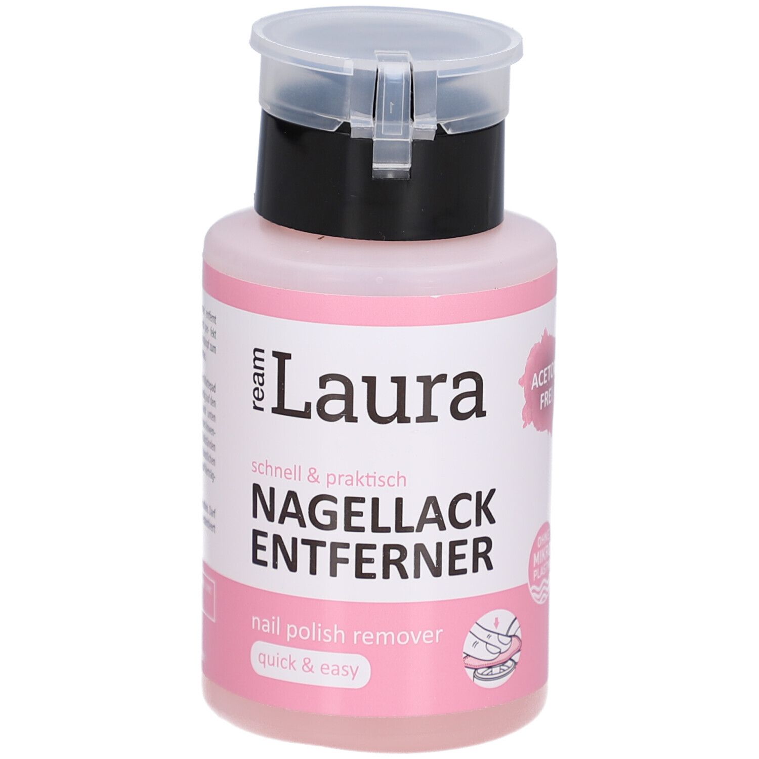 Rosa Flasche mit schwarzem Deckel. Aufschrift: ream Laura Nagellackentferner. Acetonfrei. Ohne Mikroplastik. Nail polish remover.