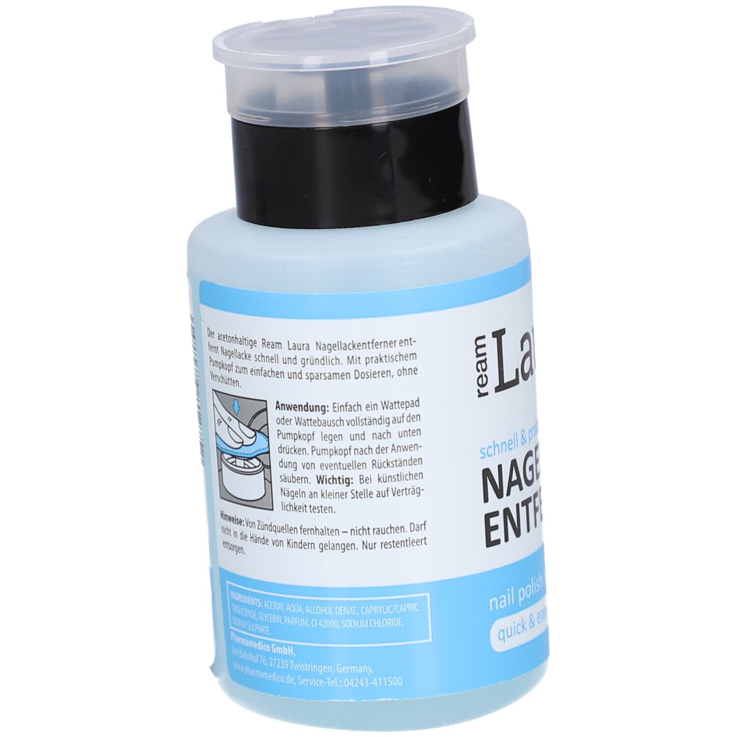 Flasche mit Pumpkopf. Aufschrift: Nagellackentferner. Text und Anwendungshinweise. Blaue Flüssigkeit sichtbar.