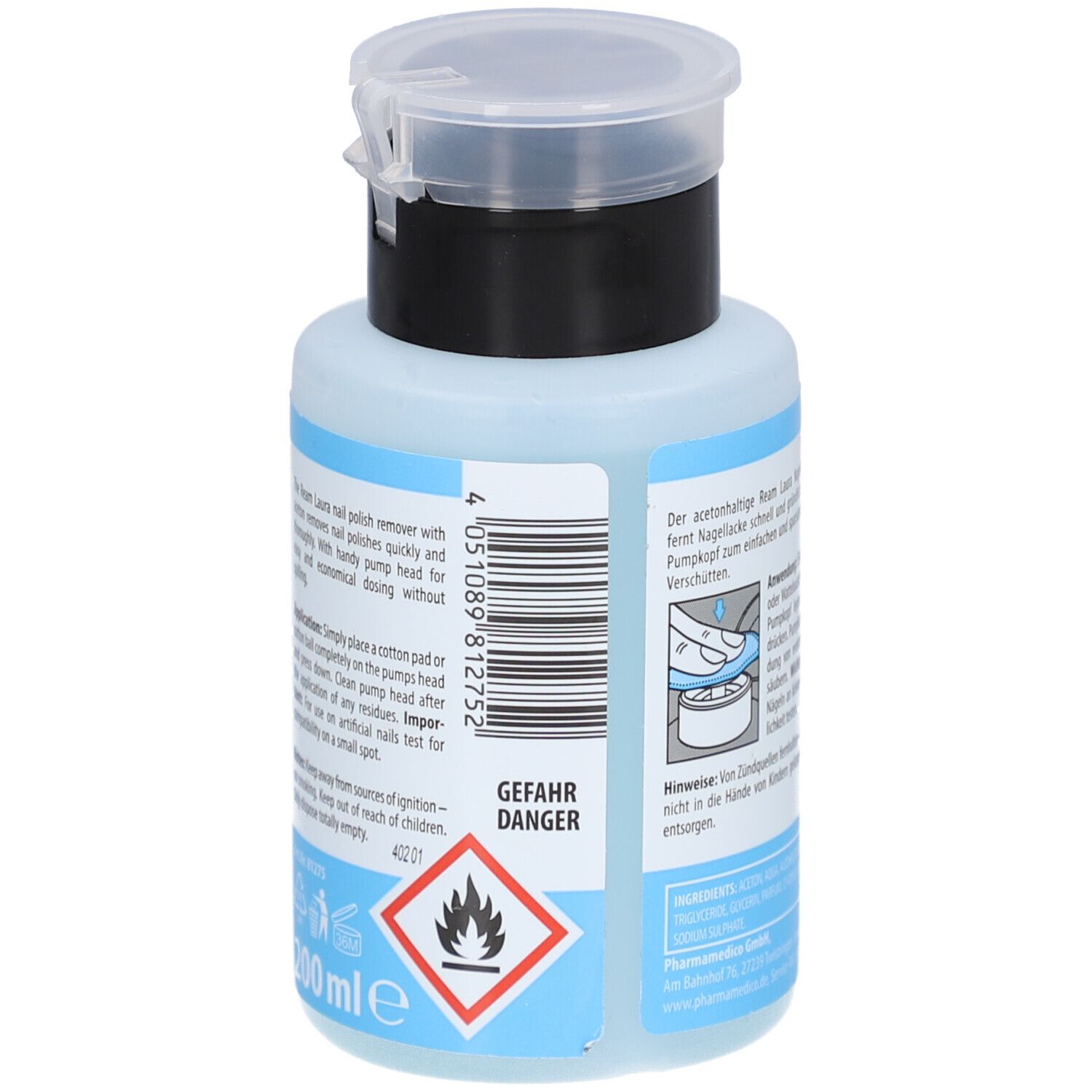 Flasche mit Pumpkopf. Aufschrift: Nagellackentferner. Gefahrensymbol. Blaue Flüssigkeit sichtbar.