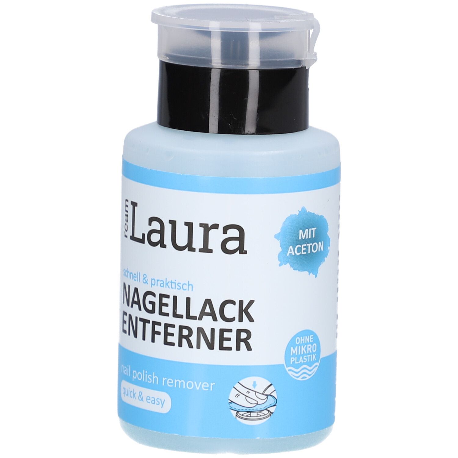 Flasche mit Pumpkopf. Aufschrift: Nagellackentferner. Marke: ream Laura. Mit Aceton. Blaue Flüssigkeit sichtbar.