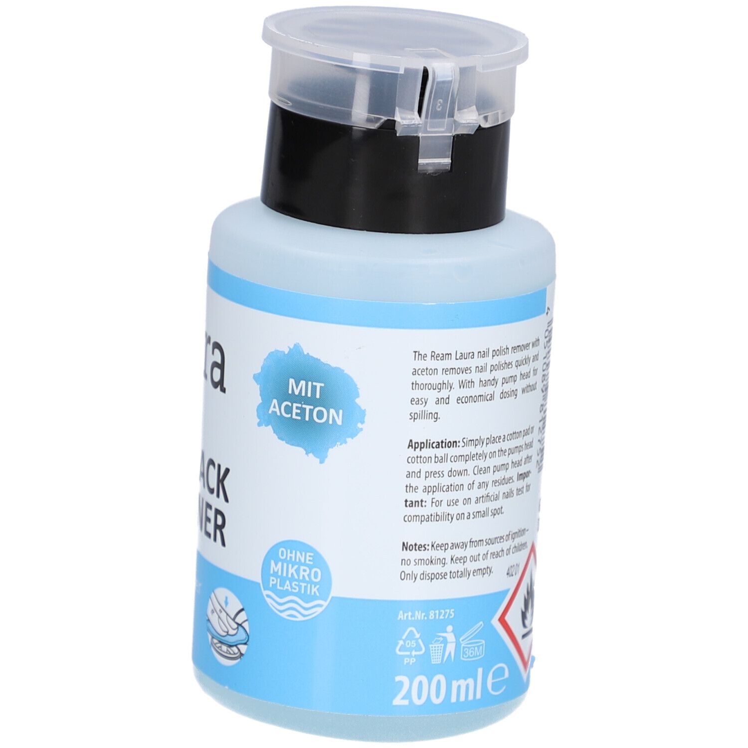 Flasche mit Pumpkopf. Aufschrift: Nagellackentferner. Marke: ream Laura. Mit Aceton. 200 ml. Blaue Flüssigkeit sichtbar.