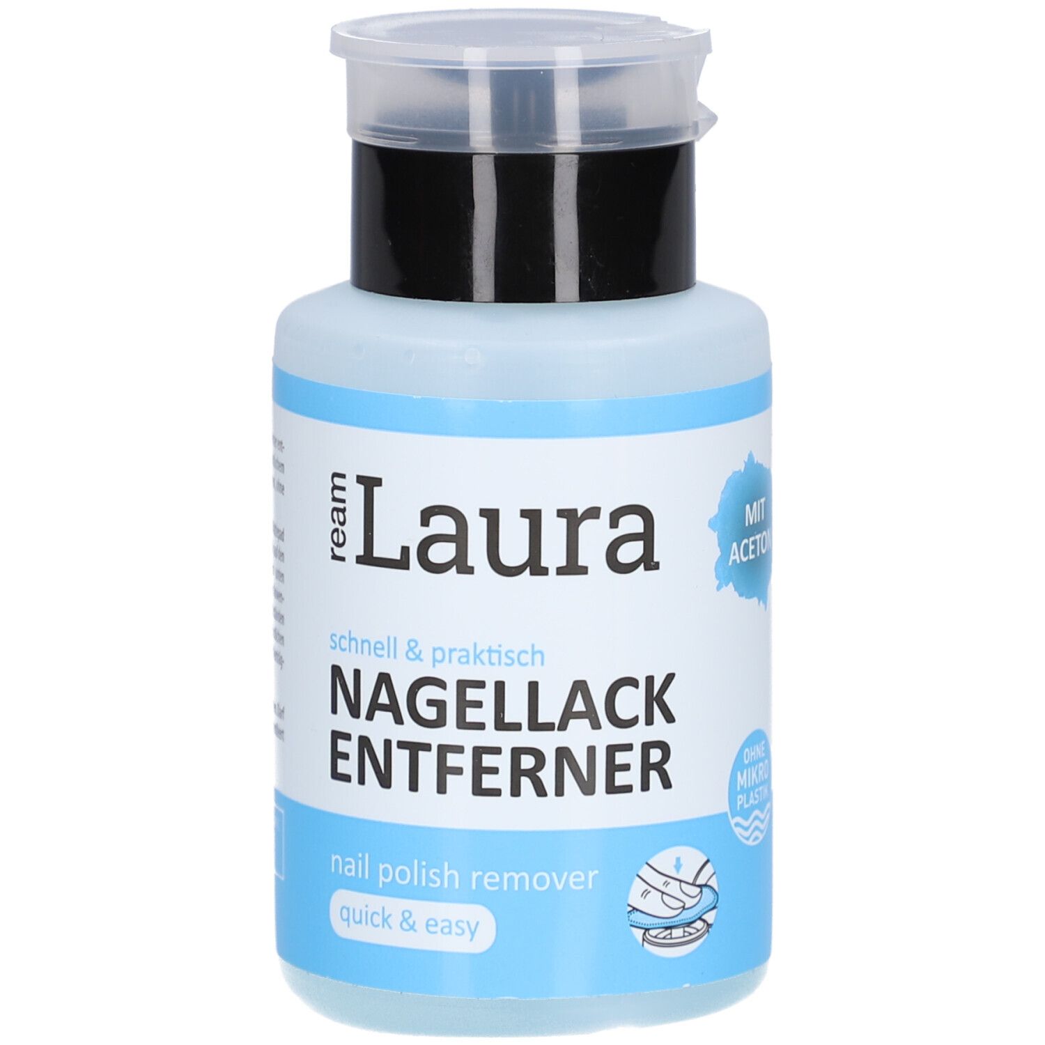 Flasche mit Pumpkopf. Aufschrift: Nagellackentferner. Marke: ream Laura. Mit Aceton. Blaue Flüssigkeit sichtbar.