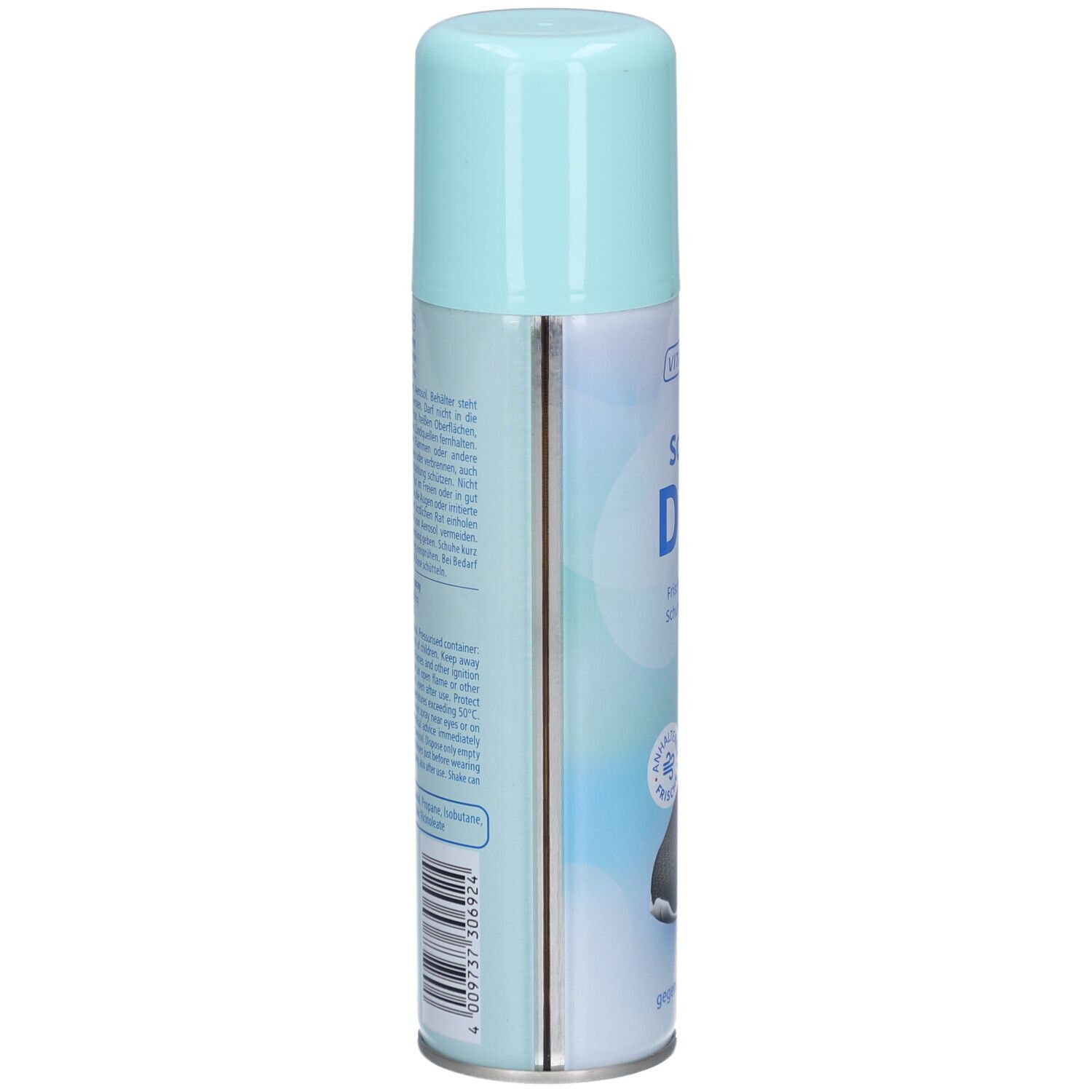 Seitenansicht der VITAWOHL Schuh Deo Sprühdose. Hellblaues Oberteil, weißer Zylinder. Text und Informationen auf der Dose.