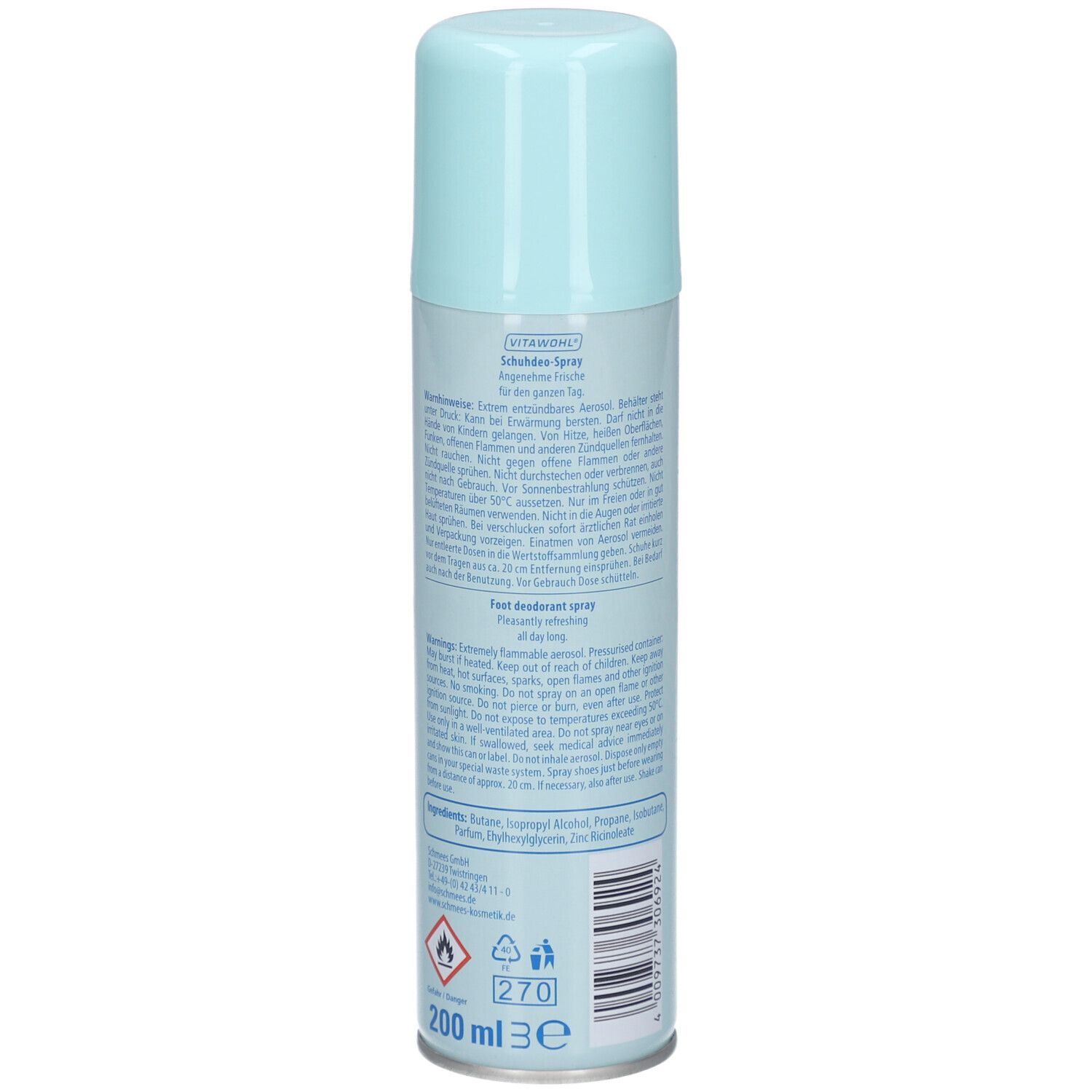 Rückseite der VITAWOHL Schuh Deo Sprühdose. Hellblaues Oberteil, weißer Zylinder. Text und Informationen, darunter Warnhinweise und Inhaltsstoffe.