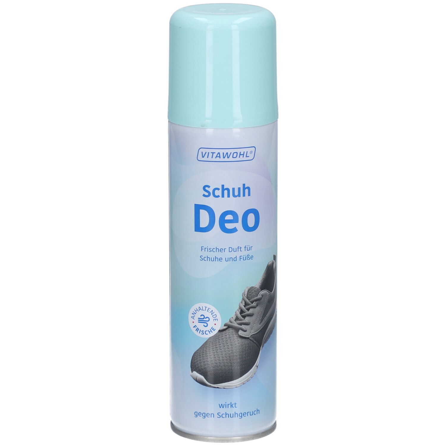 VITAWOHL Schuh Deo Sprühdose. Hellblaues Oberteil, weißer Zylinder. Text: Schuh Deo, frischer Duft für Schuhe und Füße. Abbildung eines Schuhs.